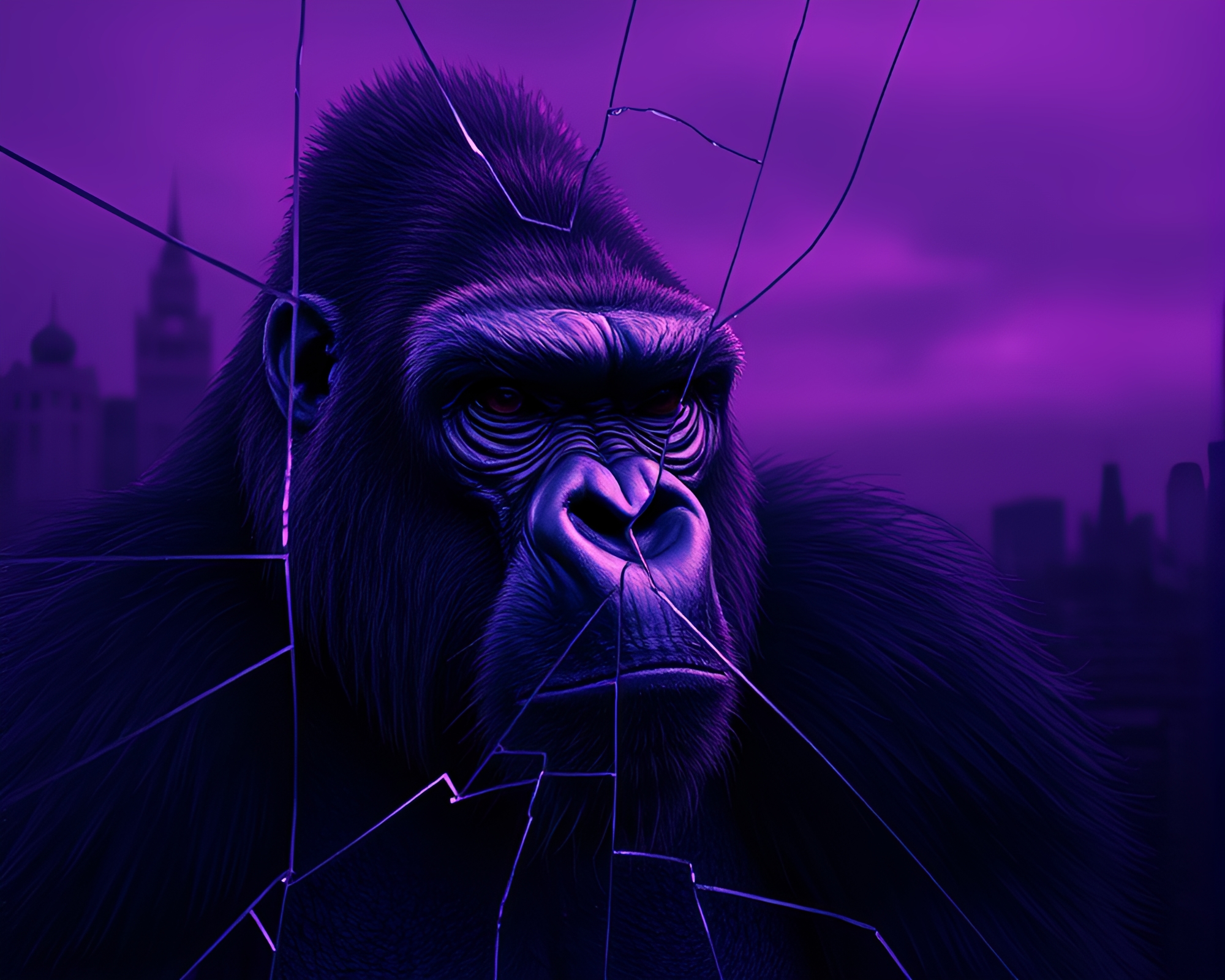 Gorilla silhouette reflected in broken glass twilight – free AI stock image