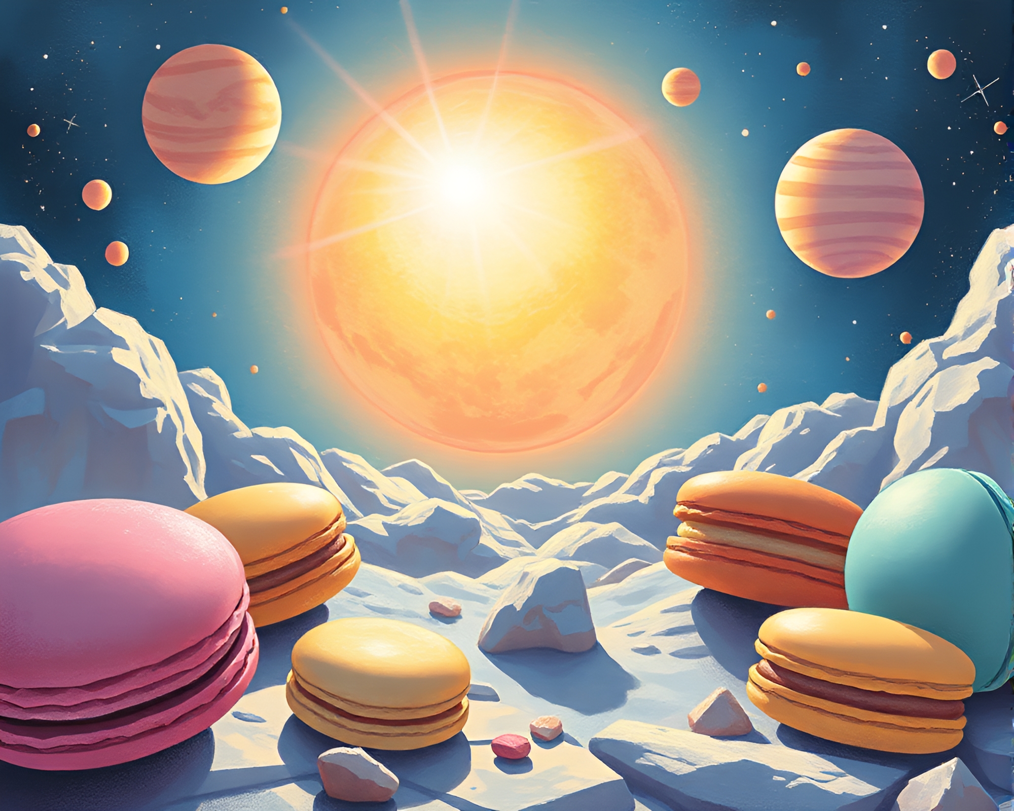 Planetary Pastel Macaron Assortment under Sun Glare – free AI stock image