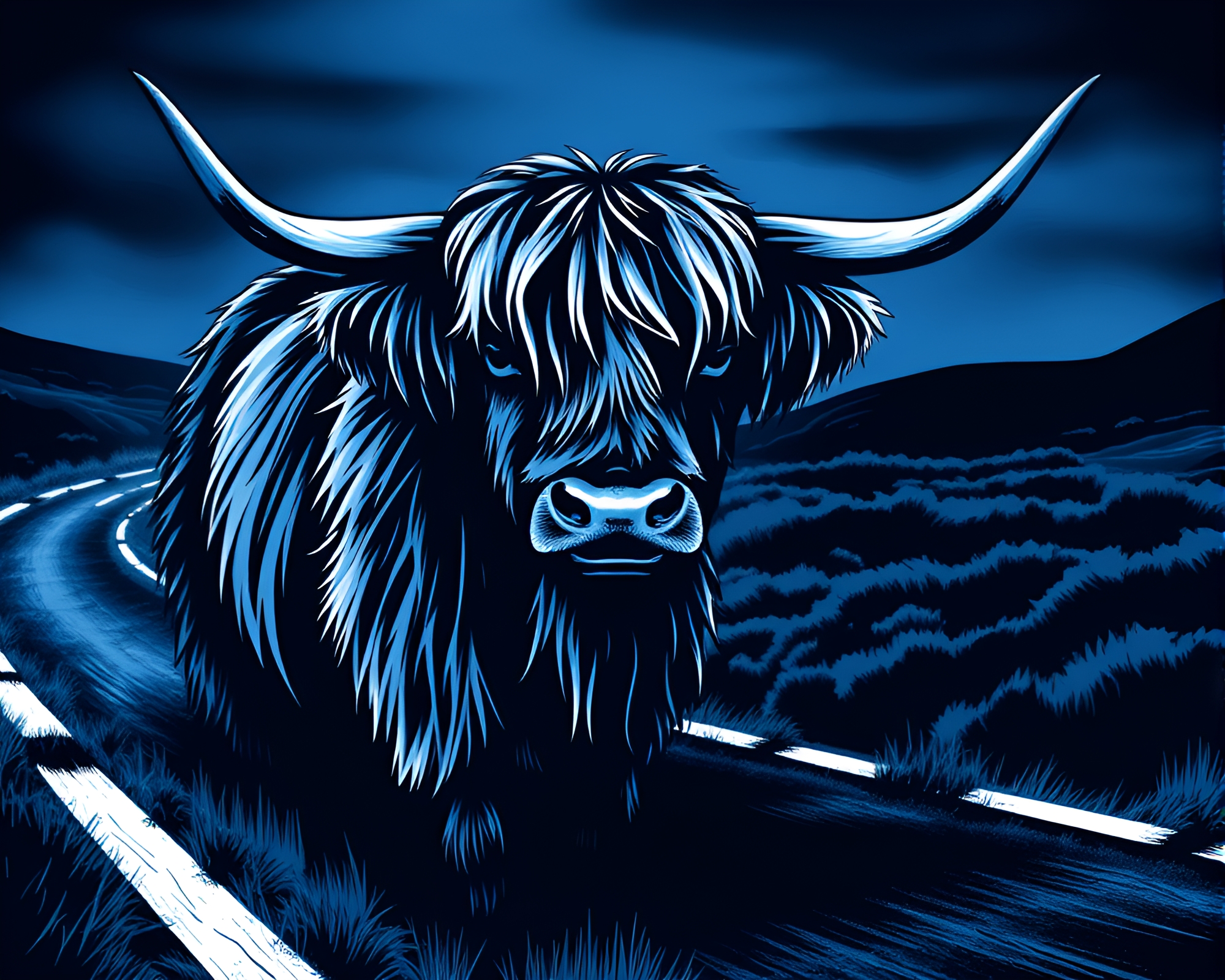 Highland Cow in Technical Blue Light Trails Composition – free AI stock image