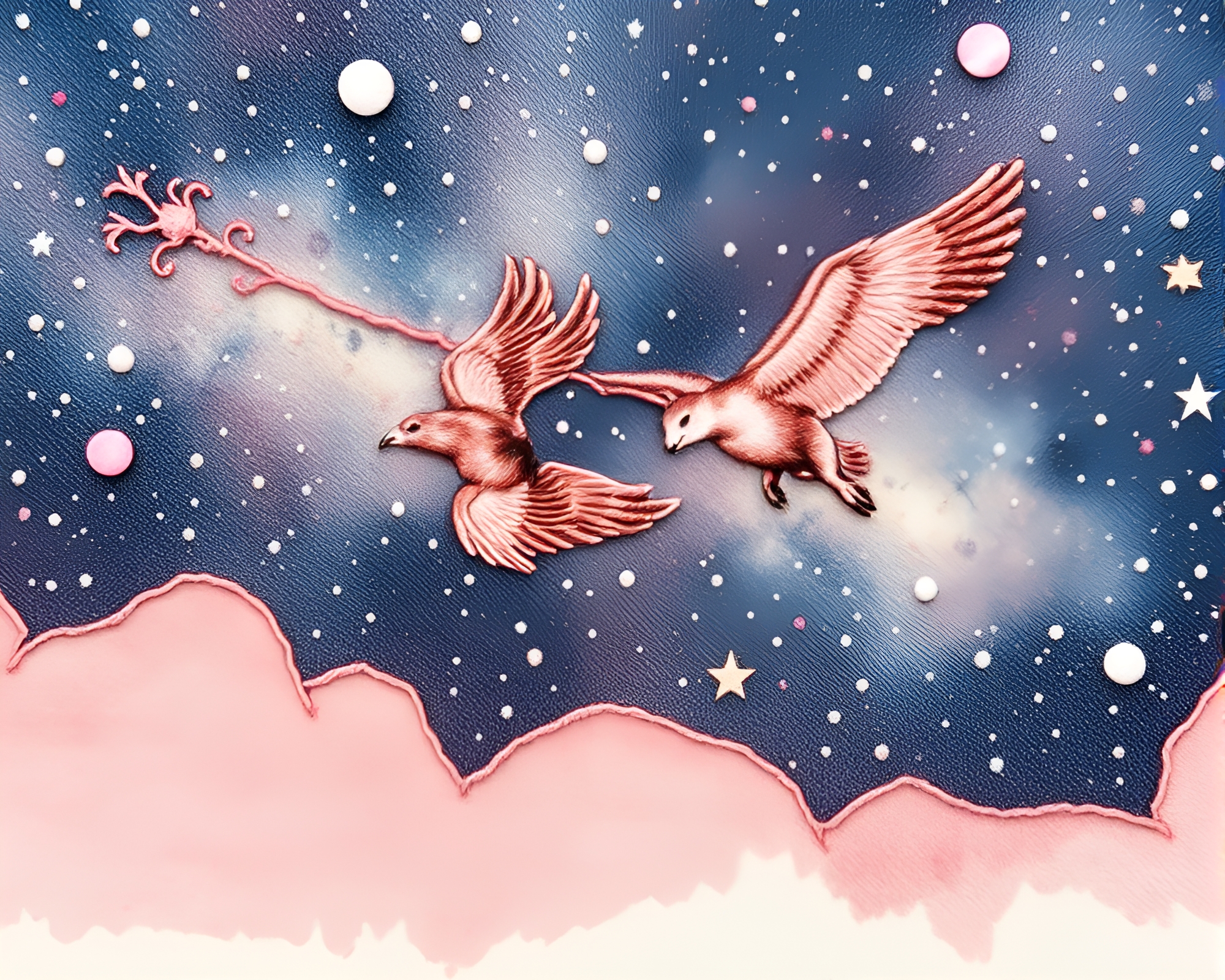 Celestial Nebula Embroidered in Blush Watercolor Wildlife – free AI stock image