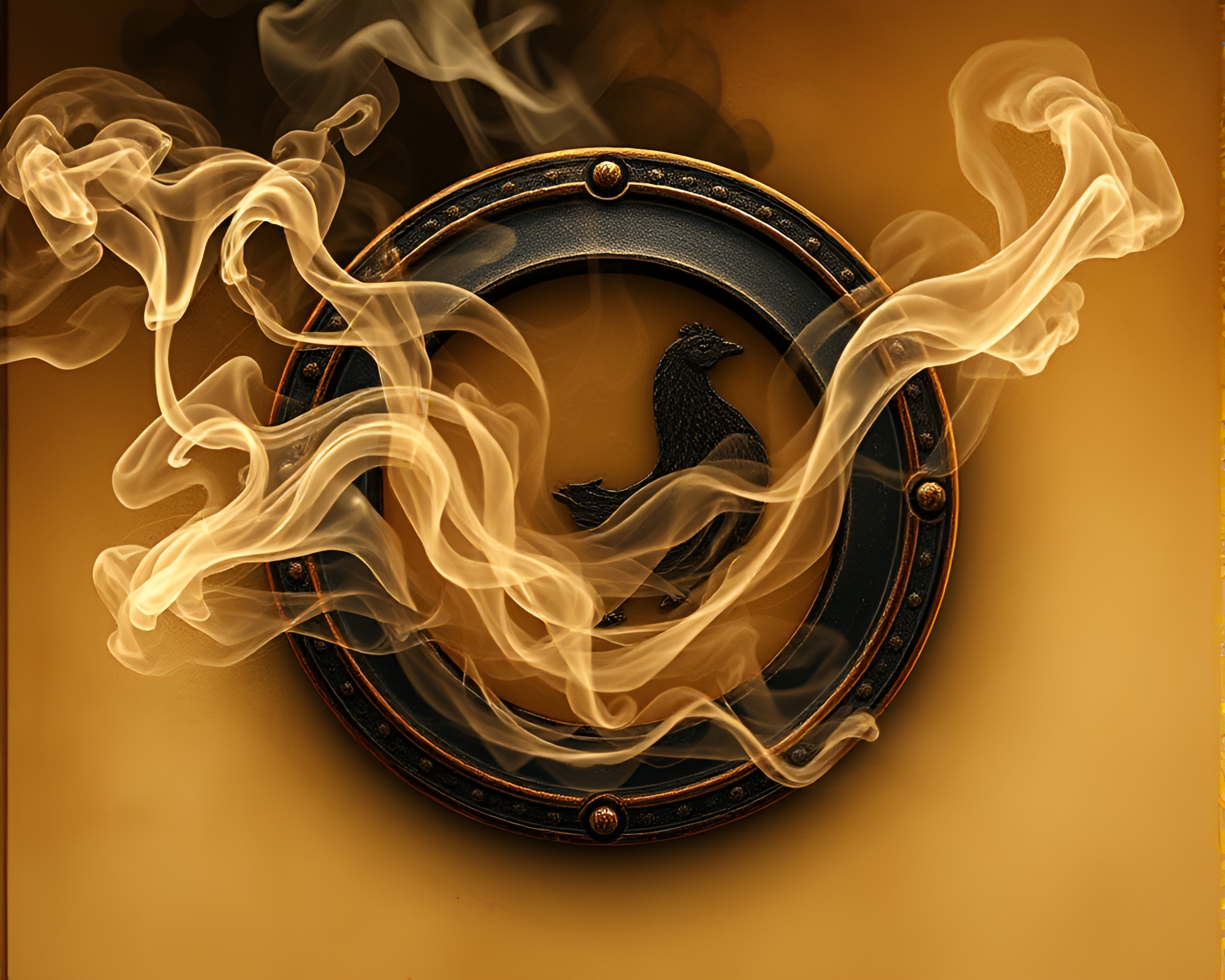 Bronze Shield emitting Smoke Rings in Hatchwork Style – free AI stock image