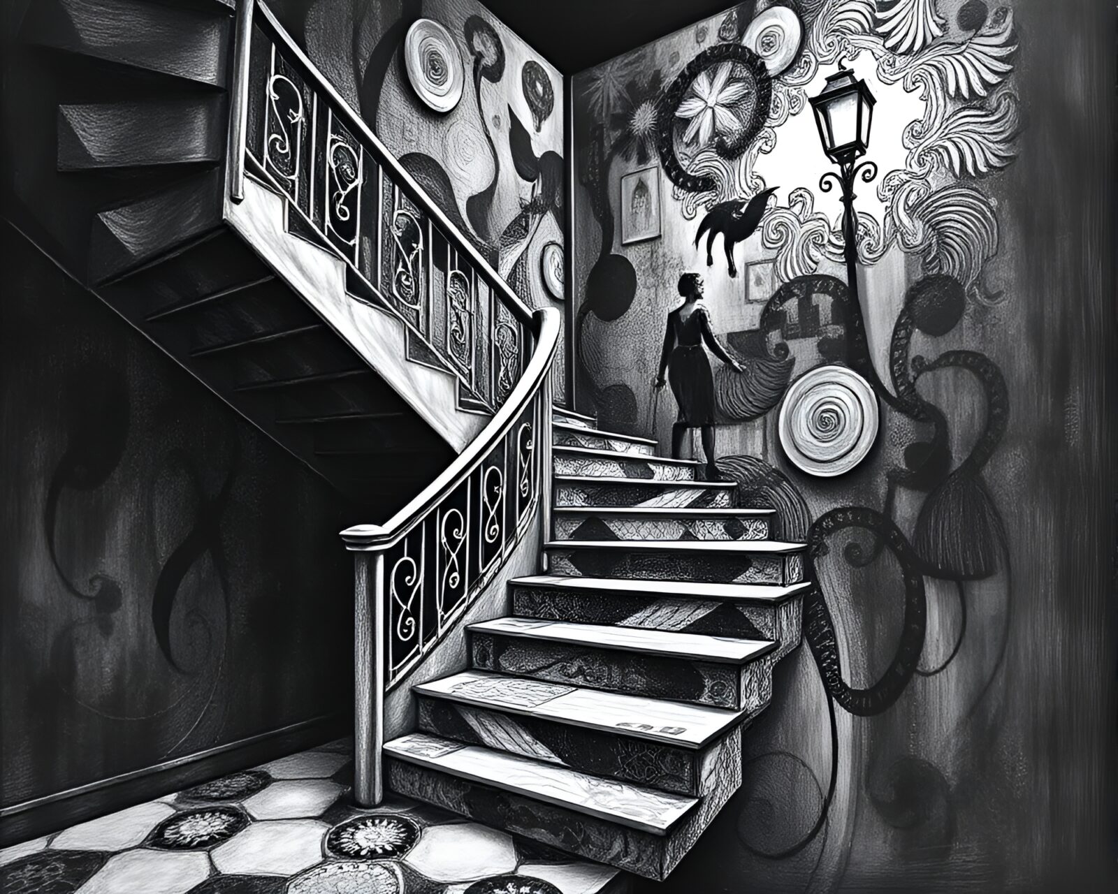 Chalkboard drawing of a surreal, textured stairwell illusion