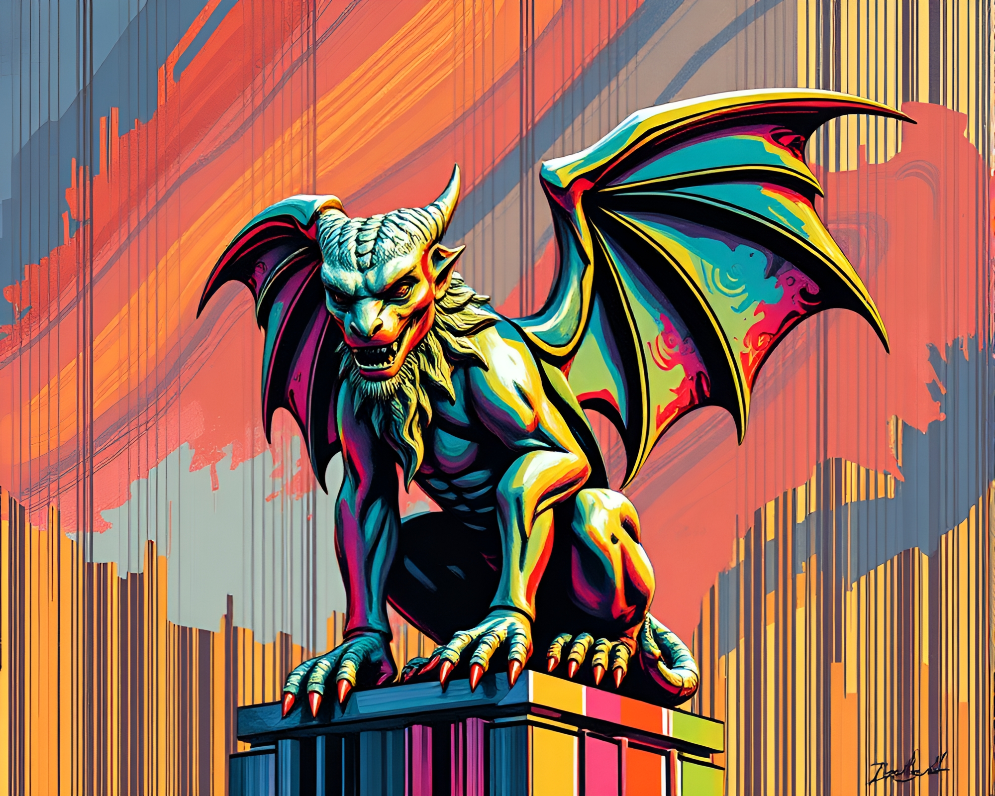 Gargoyle Barcode Stripes: Analogous Acrylic Painting – free AI stock image