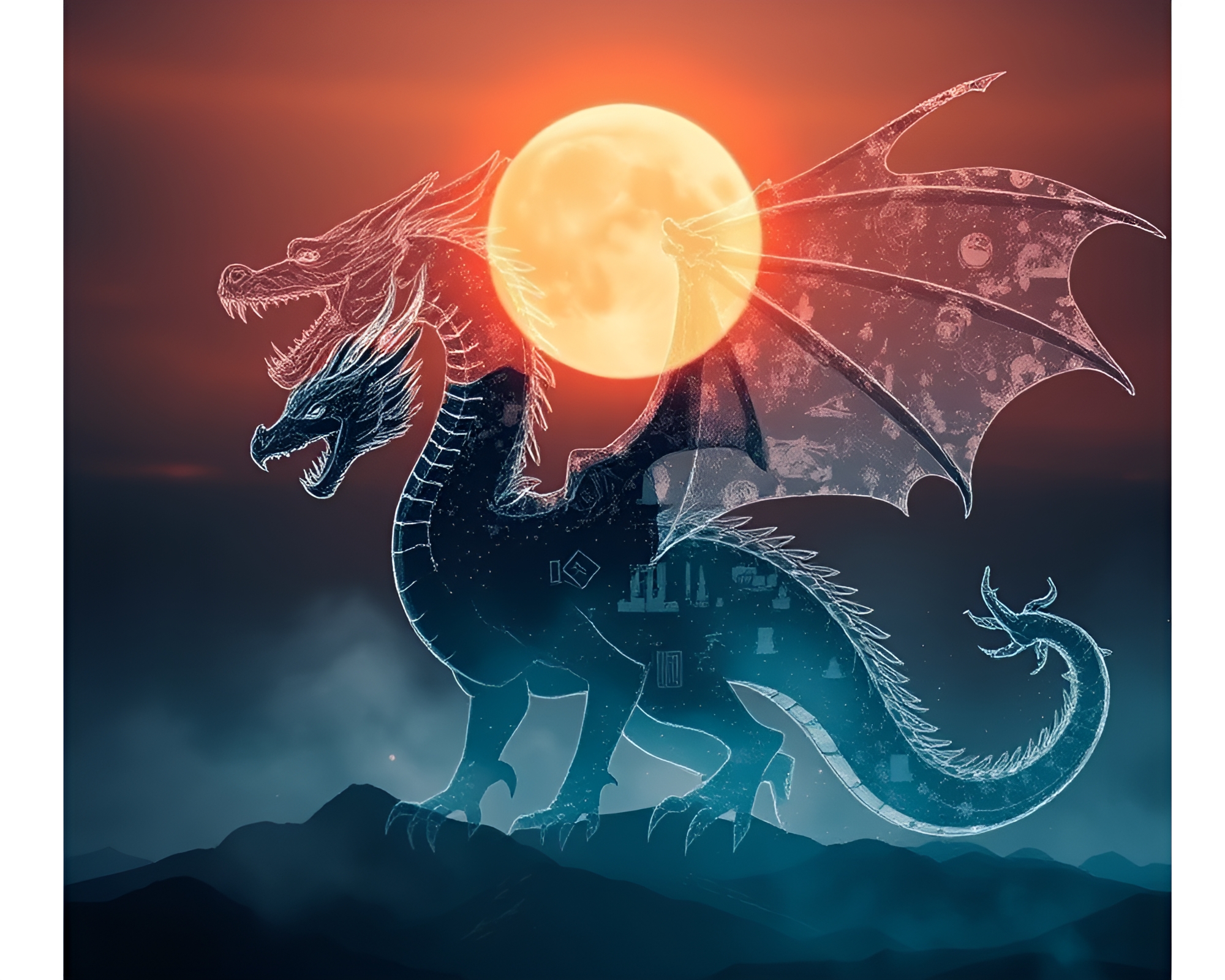 Digital Twilight Dragon Sketch in Blueprint Double Exposure – free AI stock image