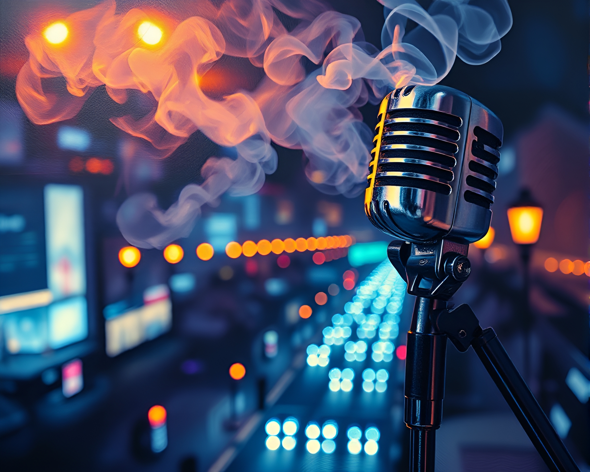 Neon-lit Microphone Drenched in Steam Vapor – free AI stock image