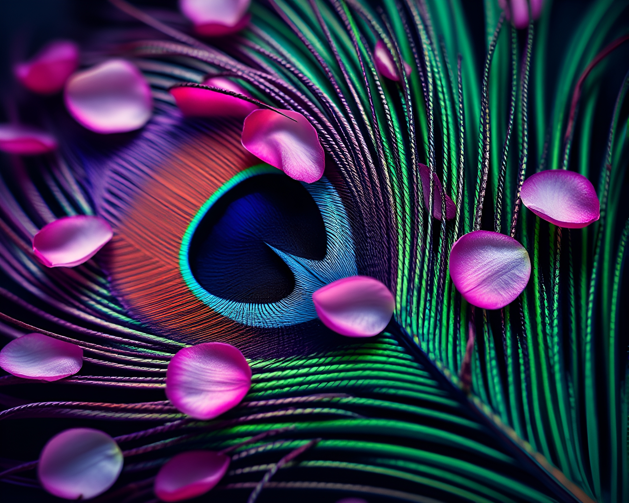 Peacock Feather Blooming in Petal Composition – free AI stock image