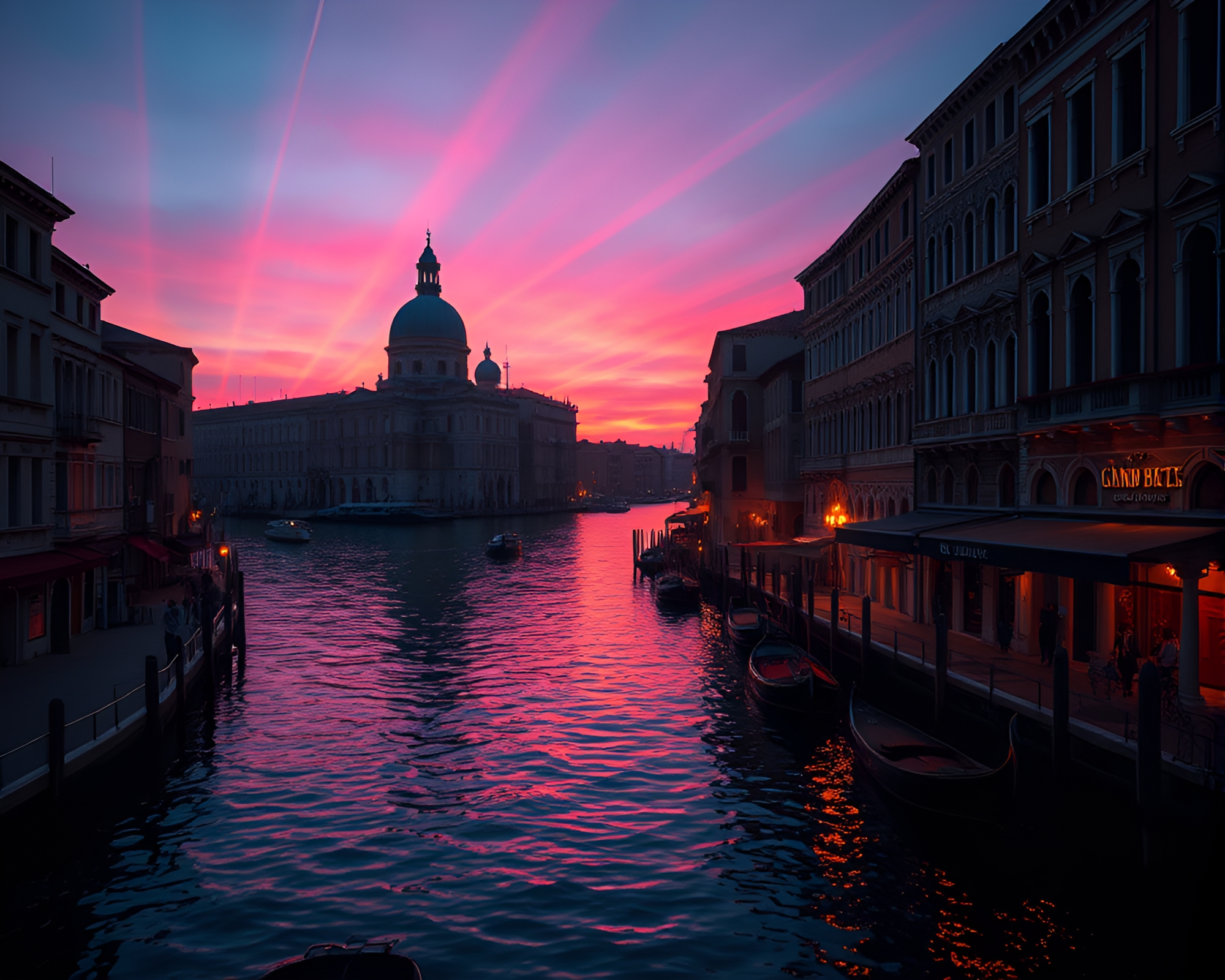 Ethereal Sunrise Glow over Venetian Canal Laser Show – free AI stock image