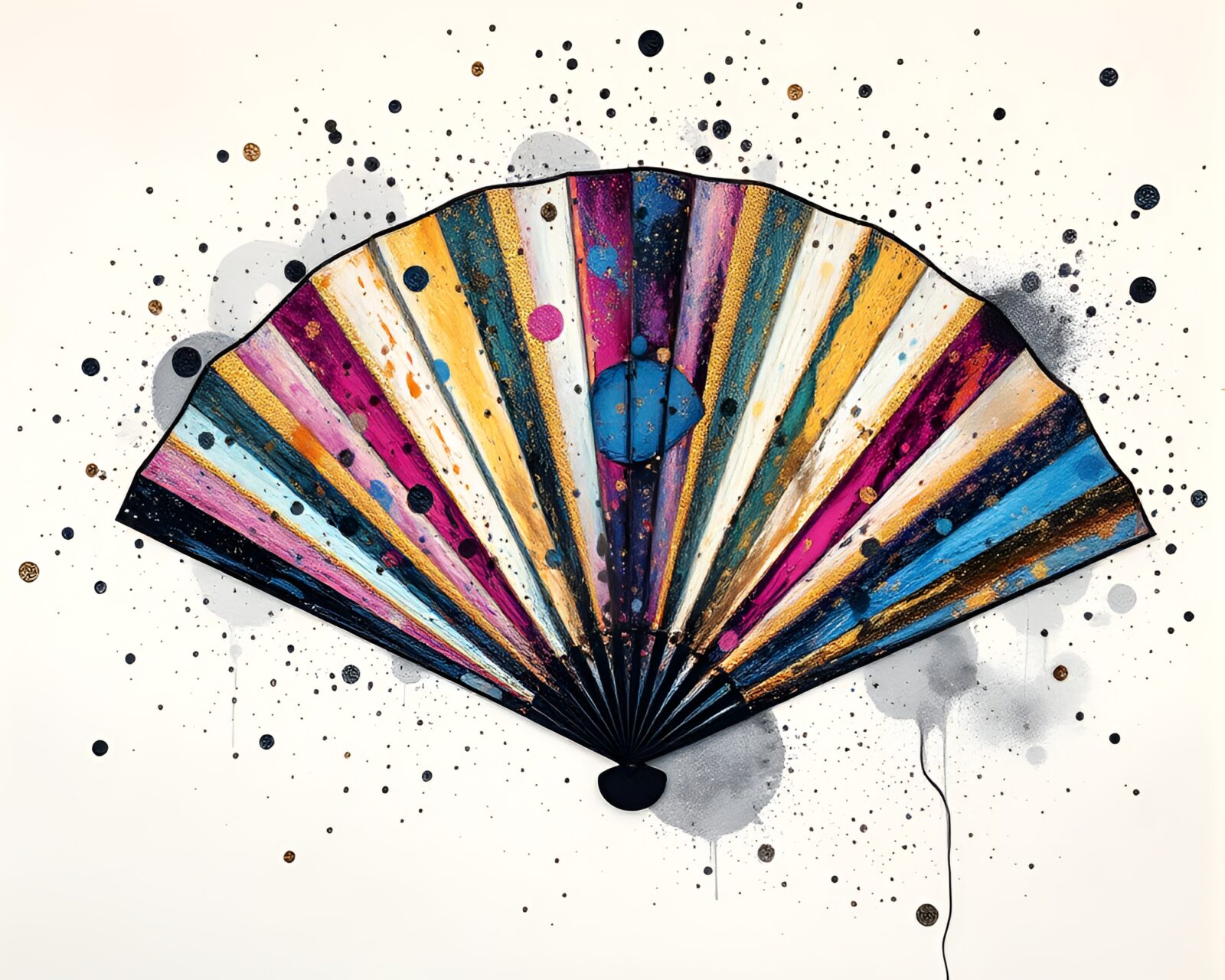 Elegant fan adorned with metallic flakes against fresco background