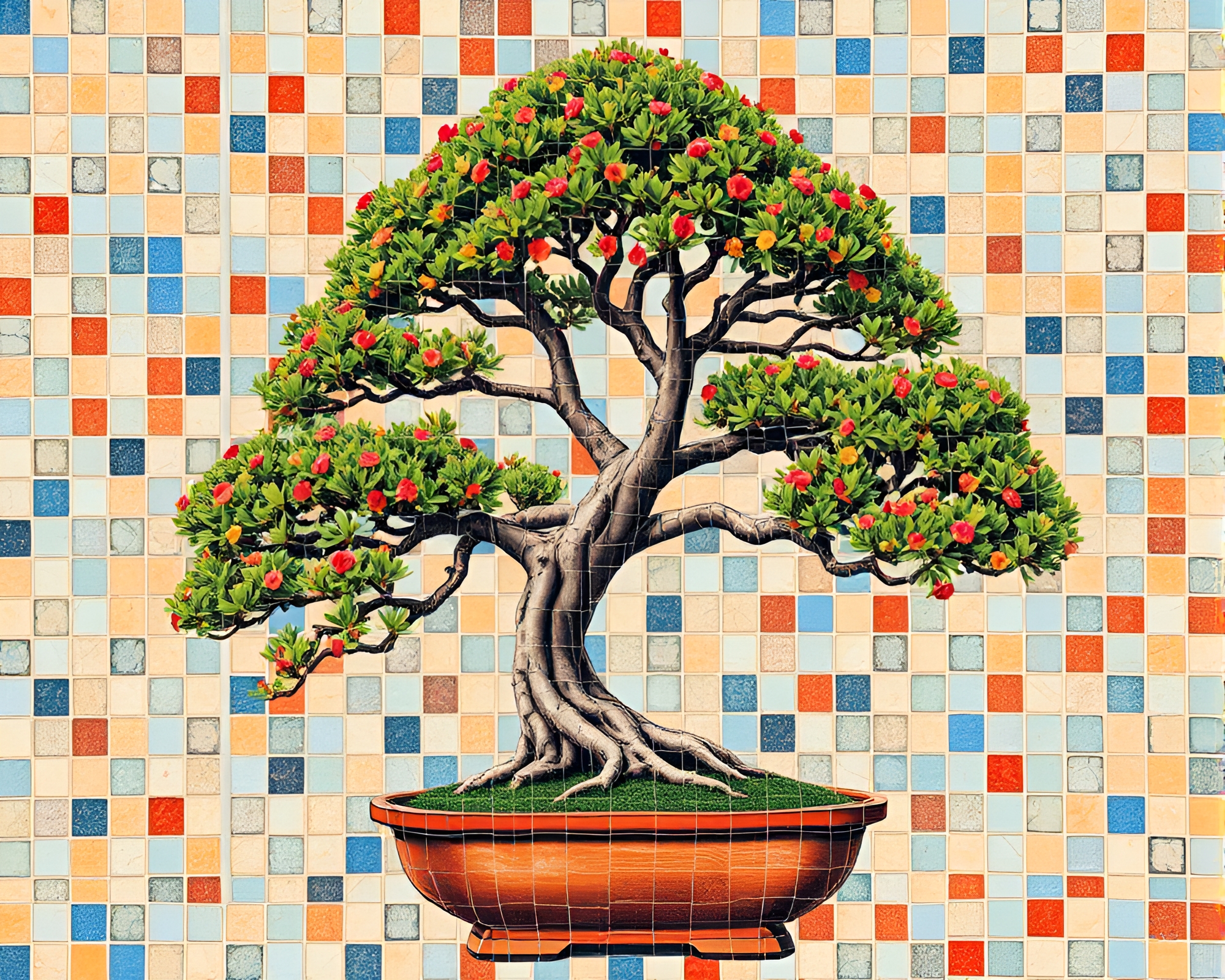 Dadaist Bonsai Tree Tiled Mosaic Collage – free AI stock image
