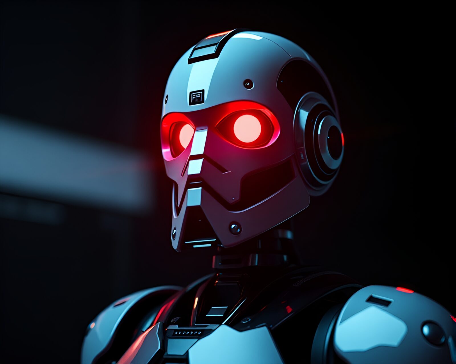 Sleek robot amidst neon lights in low-poly city.