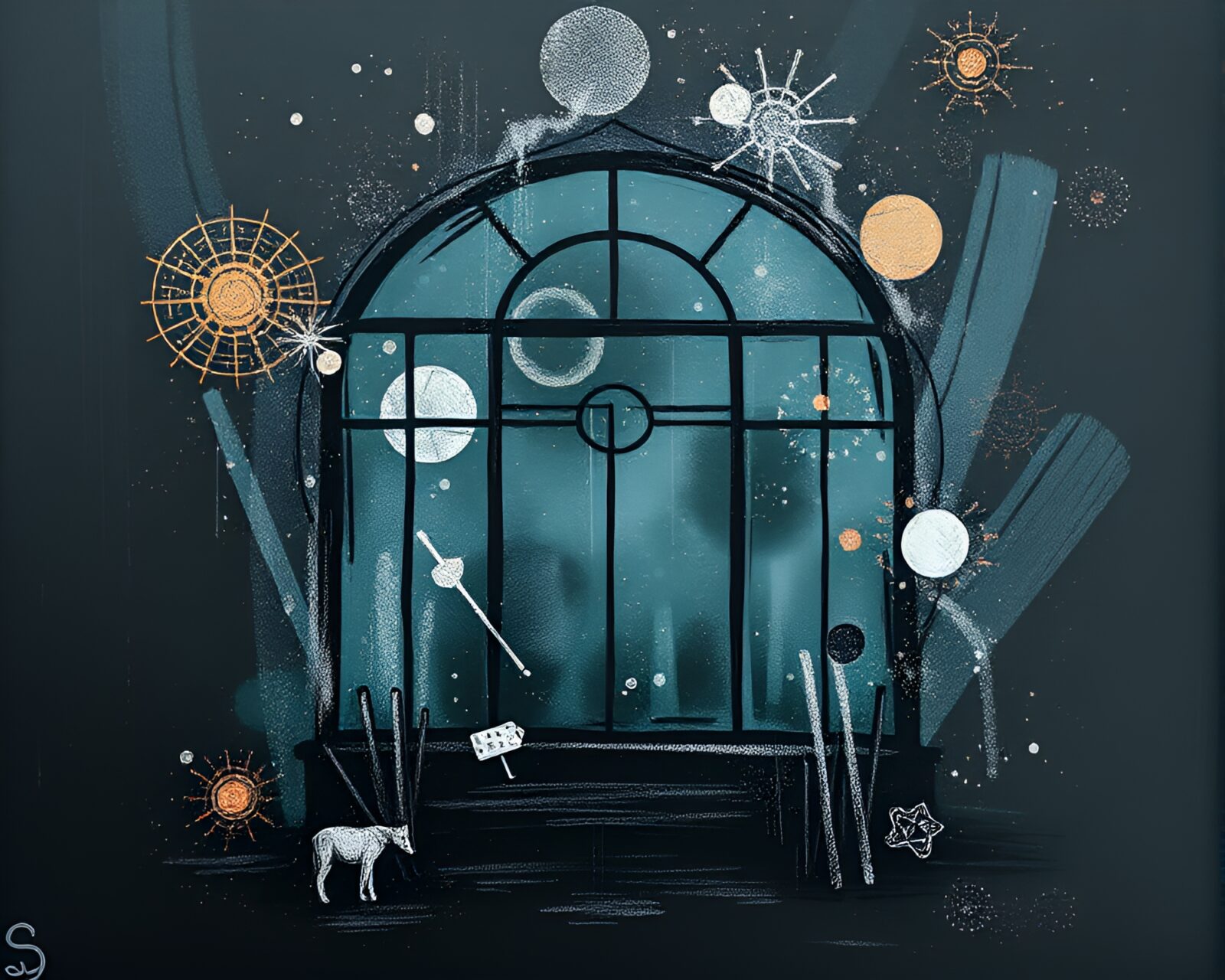 Illustration of a steampunk greenhouse under cosmic lighting