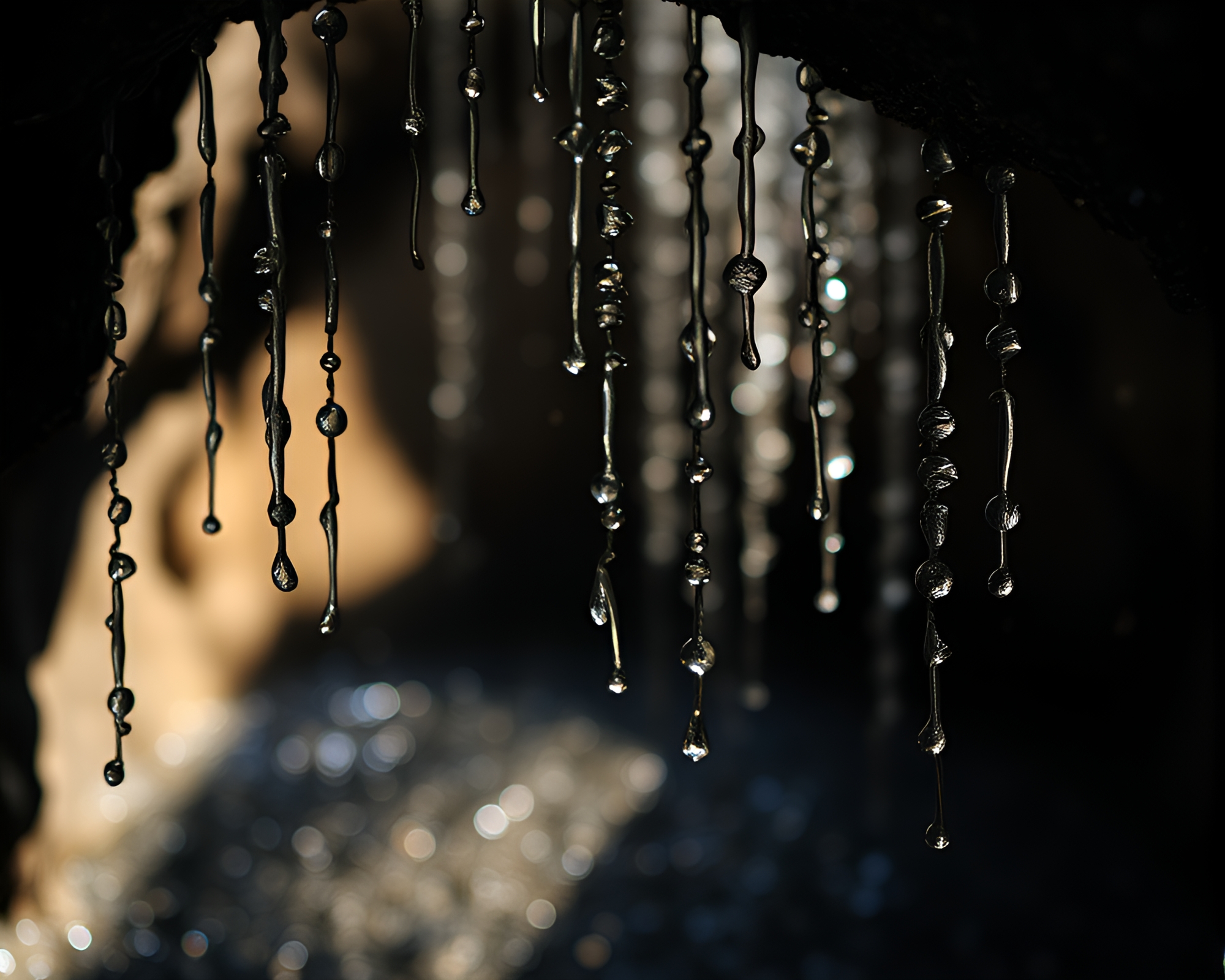 Dripping Wet Glass Beads in Shadowy Attic Cavern – free AI stock image