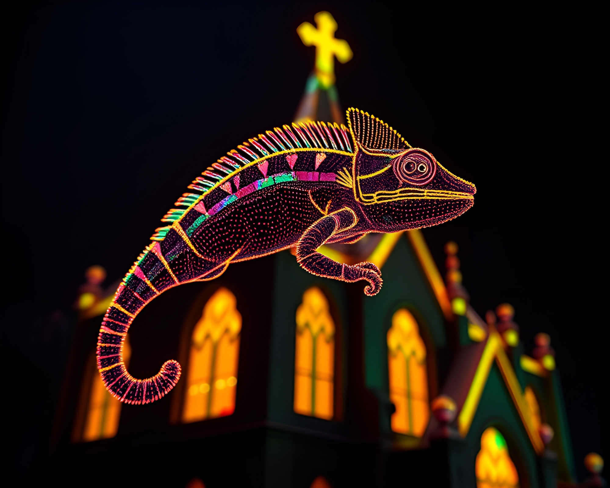 Iridescent Chameleon in Wireframe Cathedral Candlelight – free AI stock image