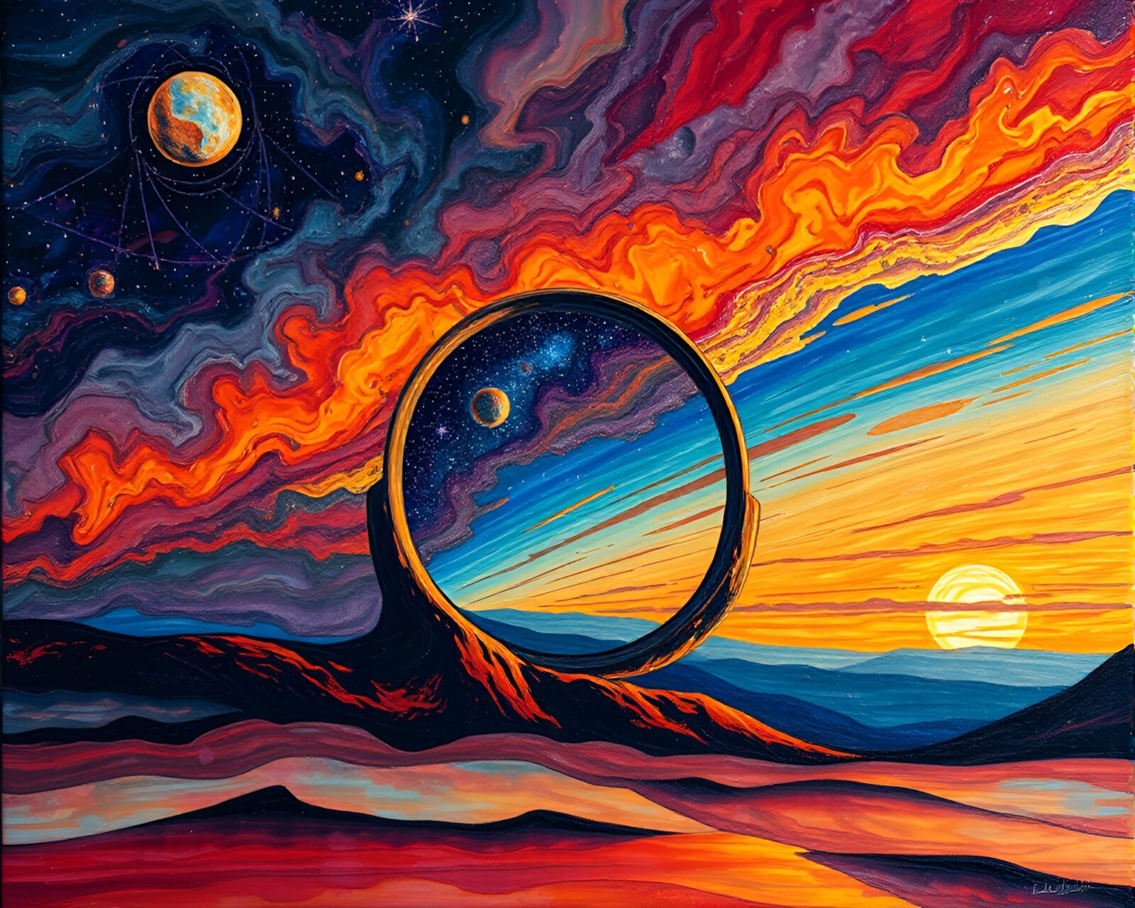 Tilted view of a fantastical multiverse portal at sunset
