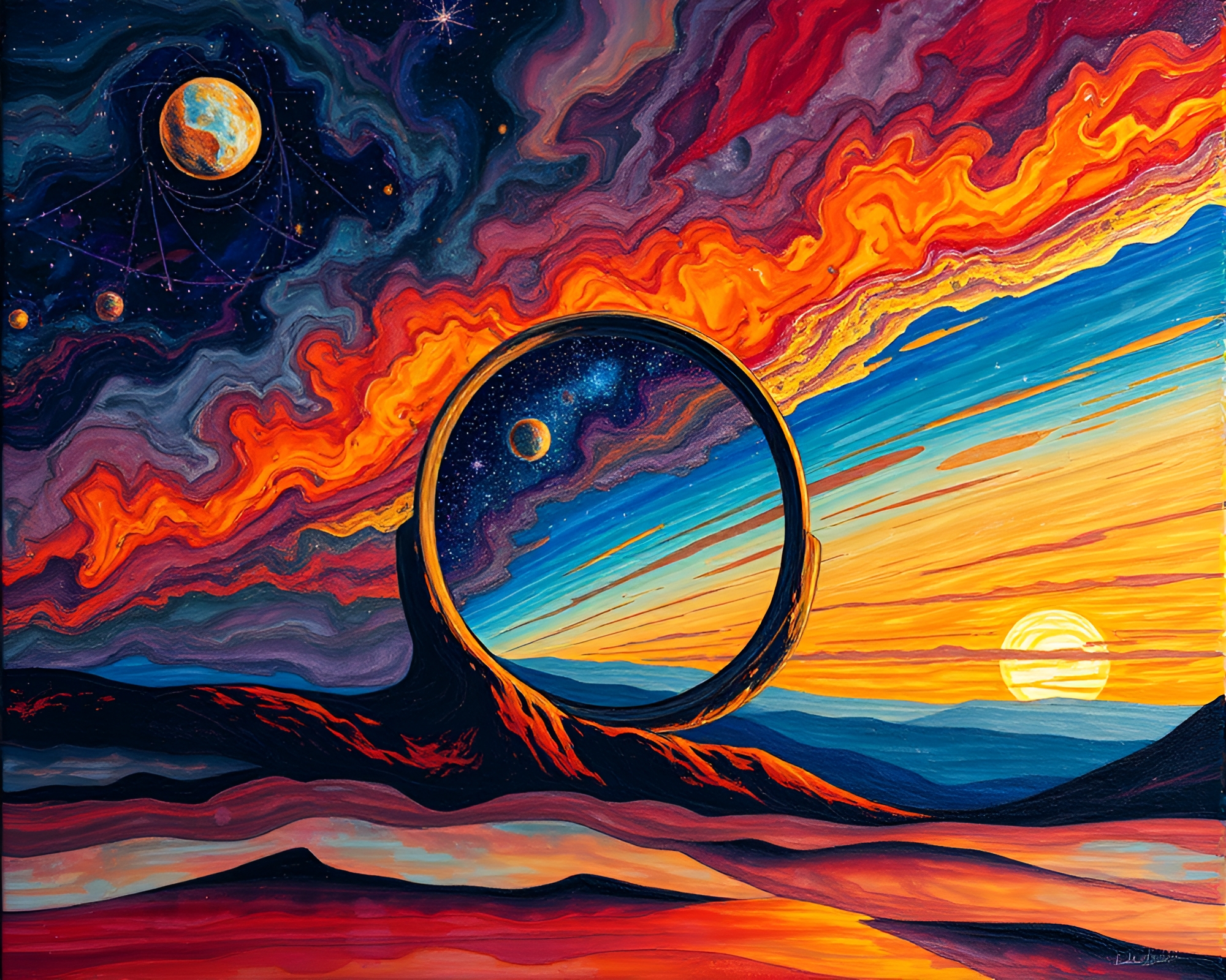 Sunset Multiverse Portal in Encaustic Painting – free AI stock image