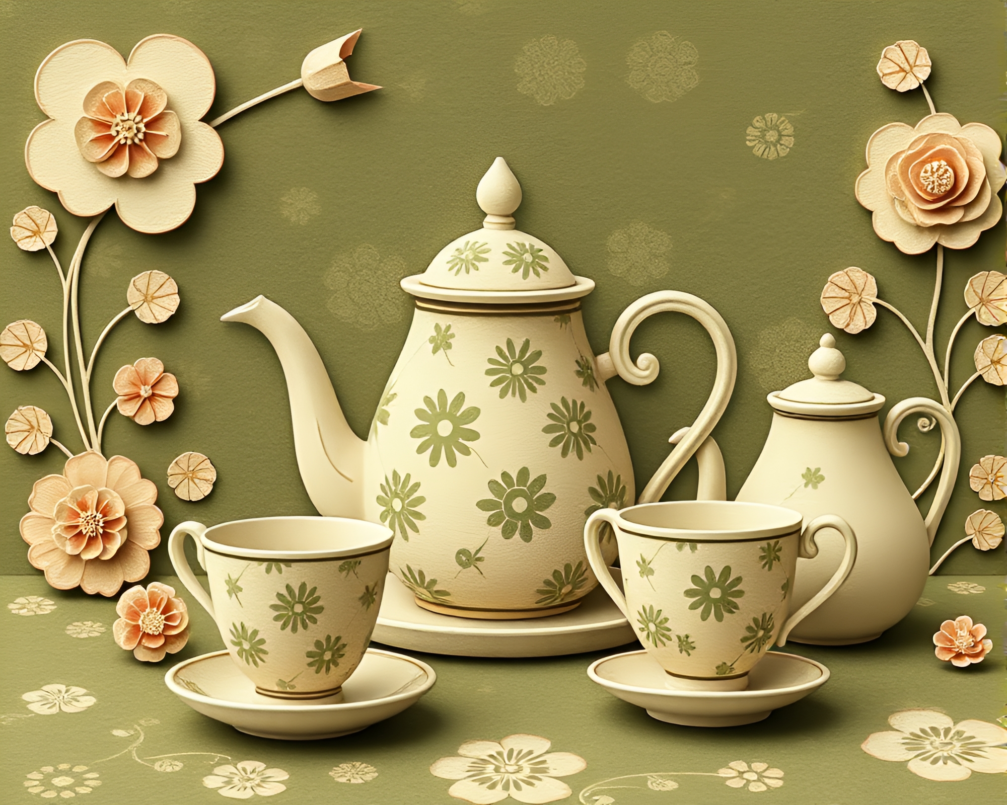 Alice in Wonderland Tea Party with Olive Drab Tints – free AI stock image