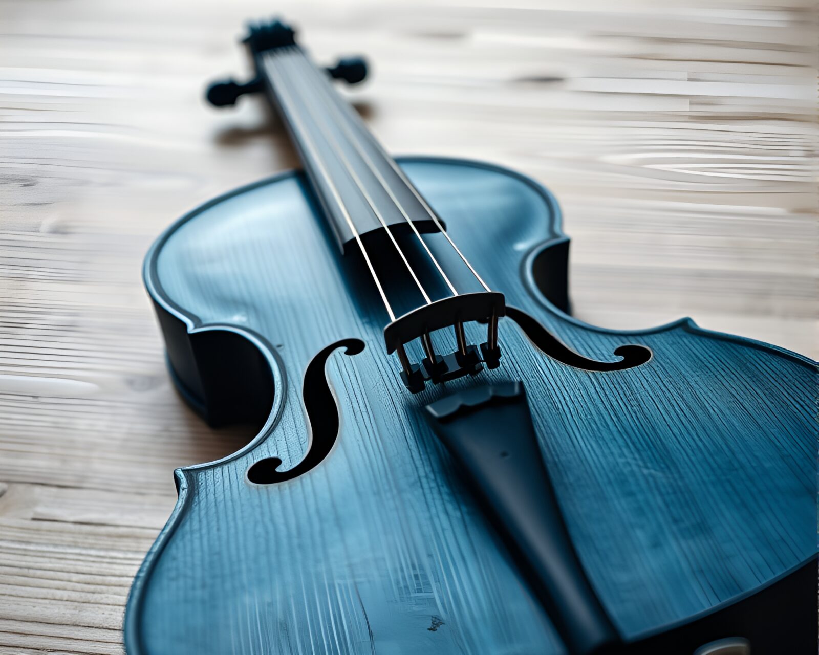 Darkened wooden violin with charcoal strokes on a steel-blue background