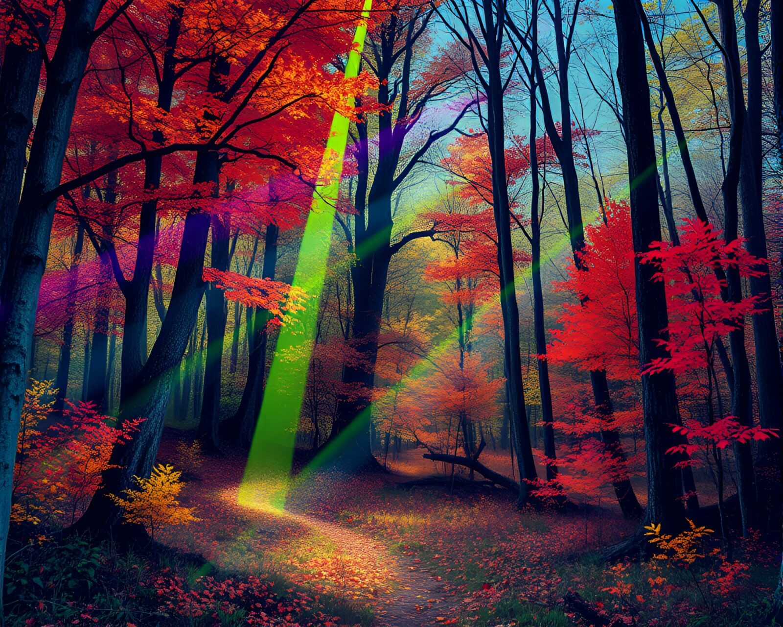 Vibrant fall trees with neon laser beams shining through