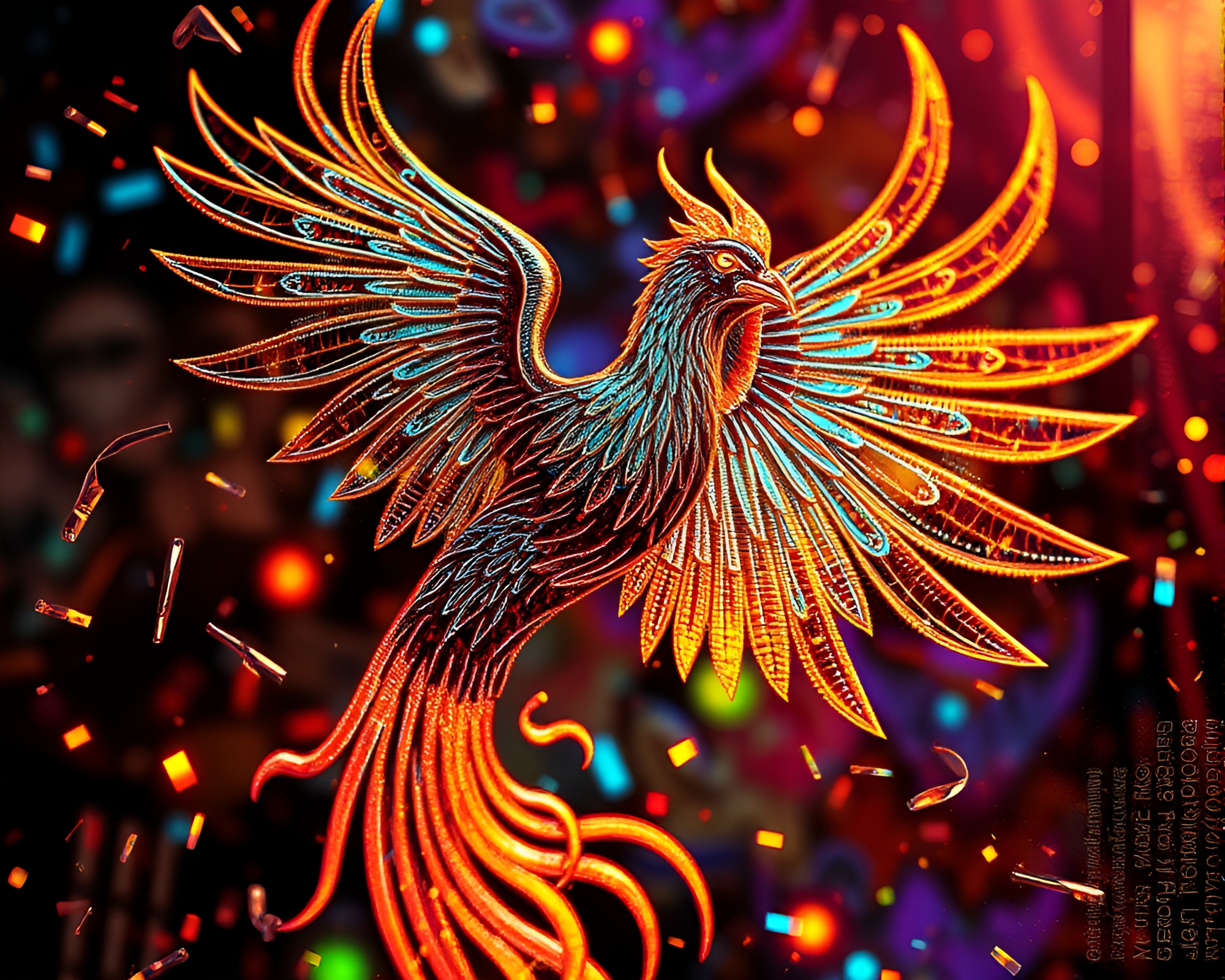 Engraved Phoenix Rising with Glitch Art Highlights – free AI stock image