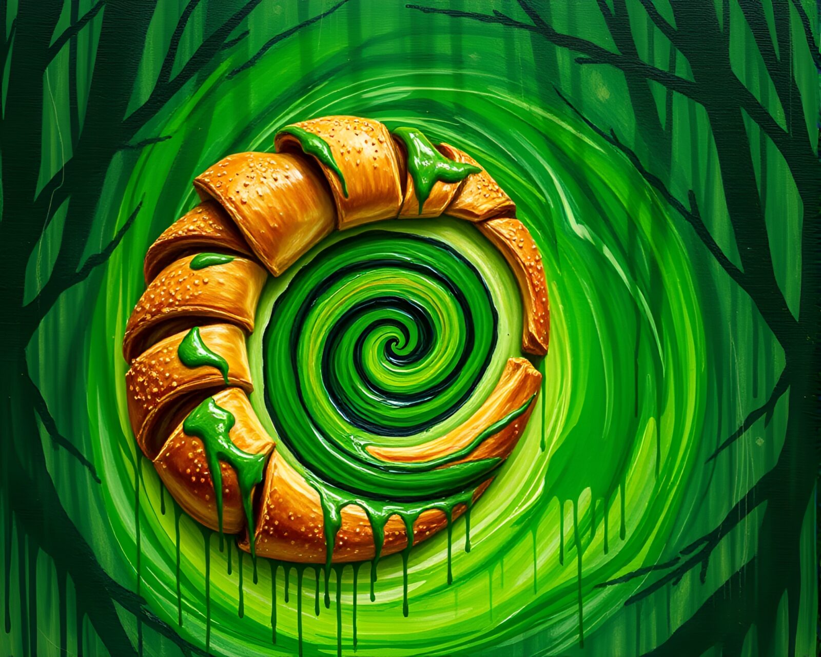 Swirling vortex with croissants in a magical forest
