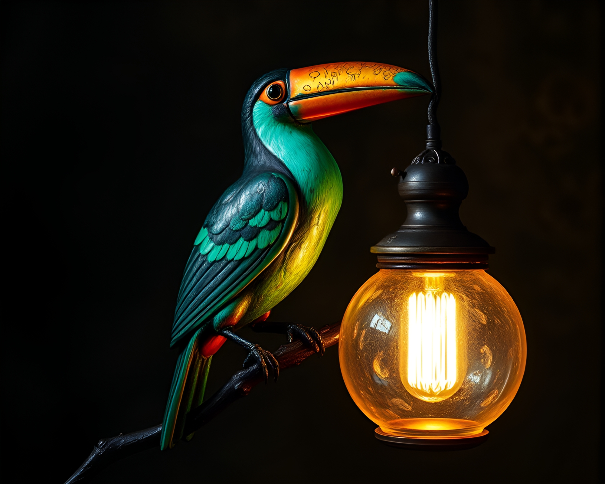 Verdigris Toucan in Library Lamp Light Etching – free AI stock image