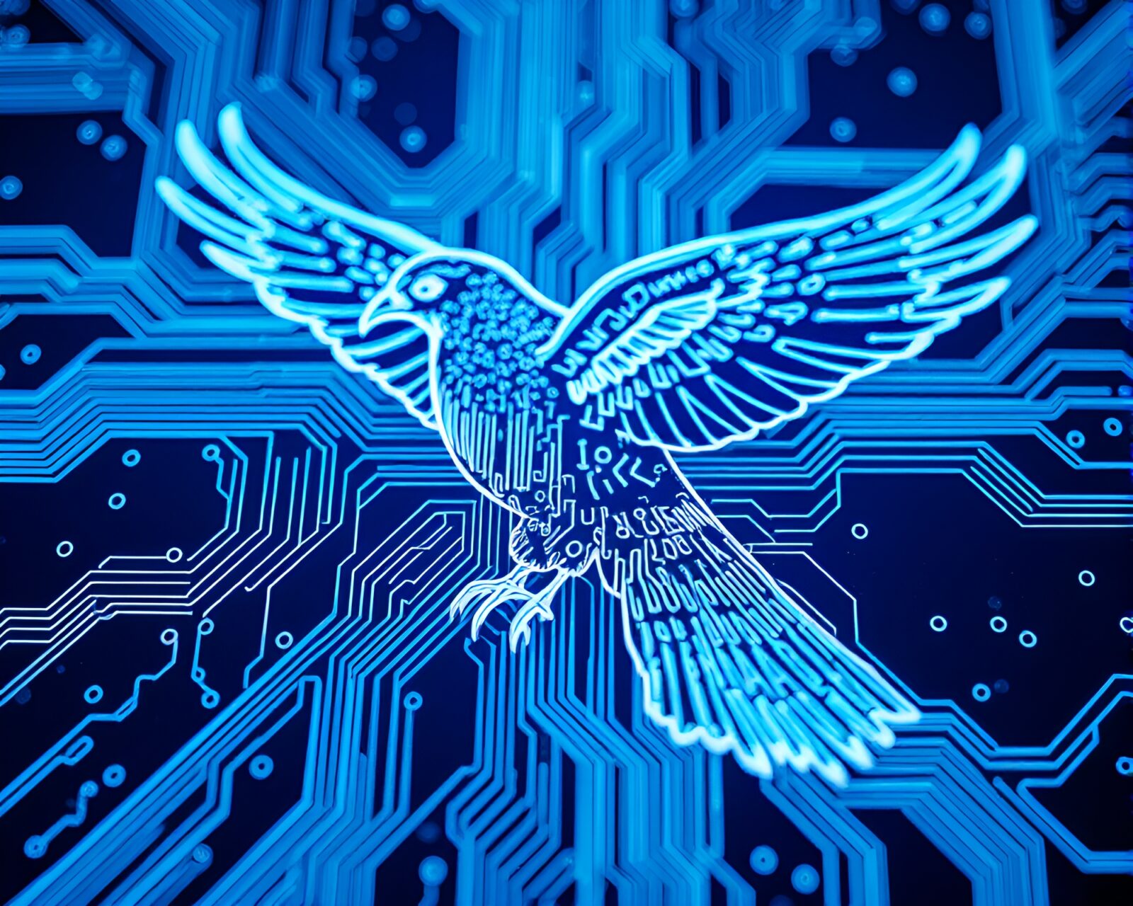 Futuristic ice-blue circuit board with falcon design elements.
