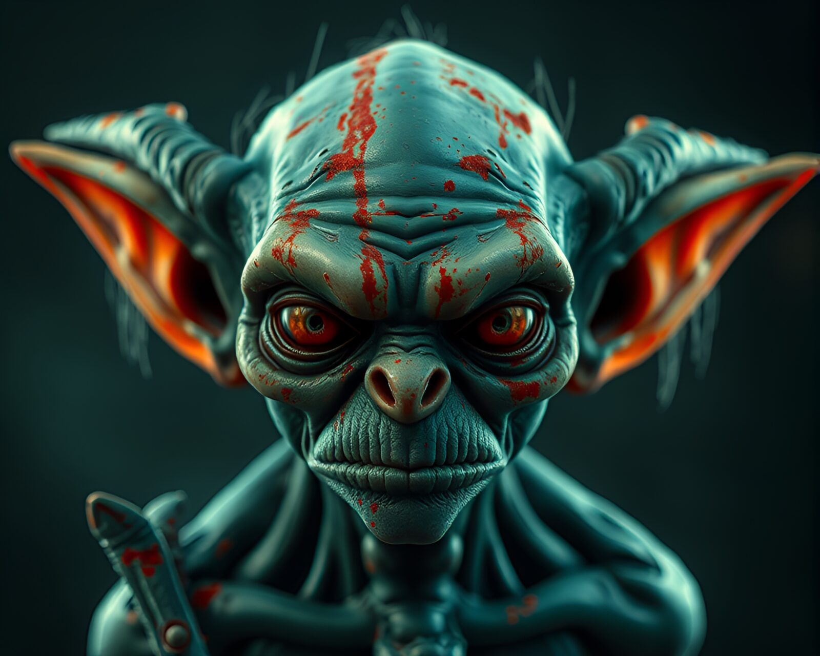 Detailed wireframe goblin amidst vibrant rust stain patterns