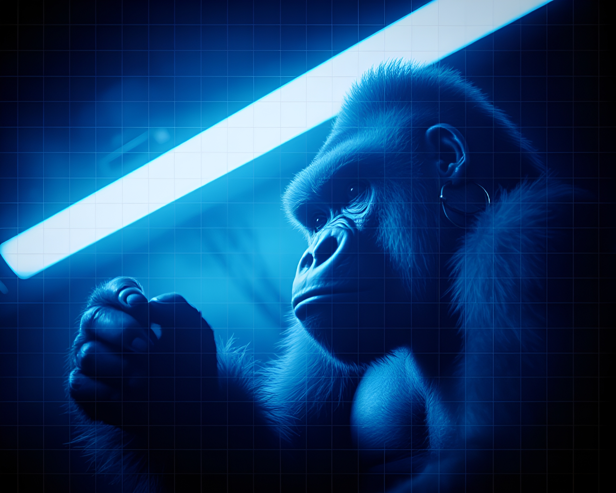 Grid Overlay Gorilla Encounter in Fluorescent Jungle – free AI stock image