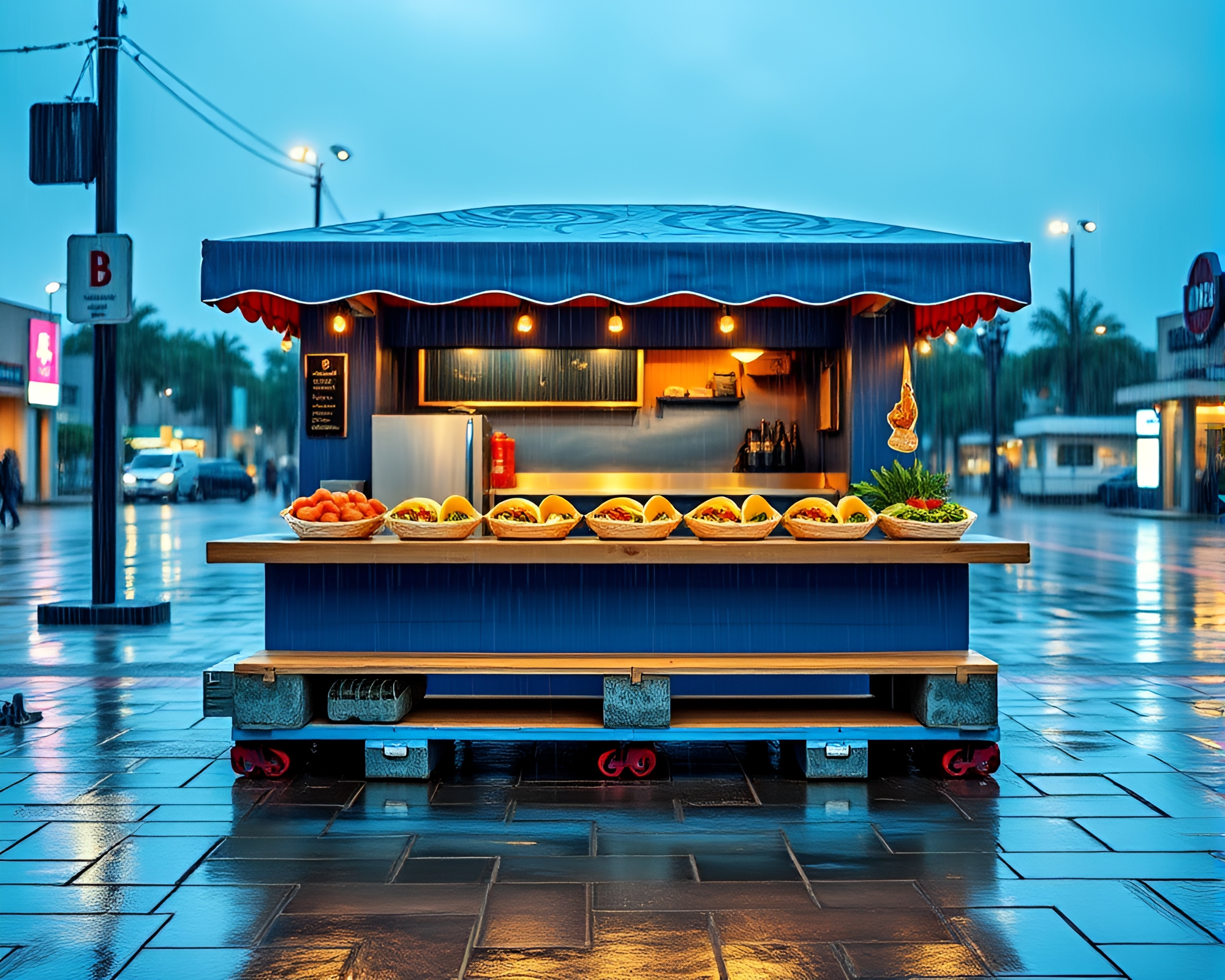 Ocean-Blue Taco Stand on Wet Paper Cutout Pavement – free AI stock image