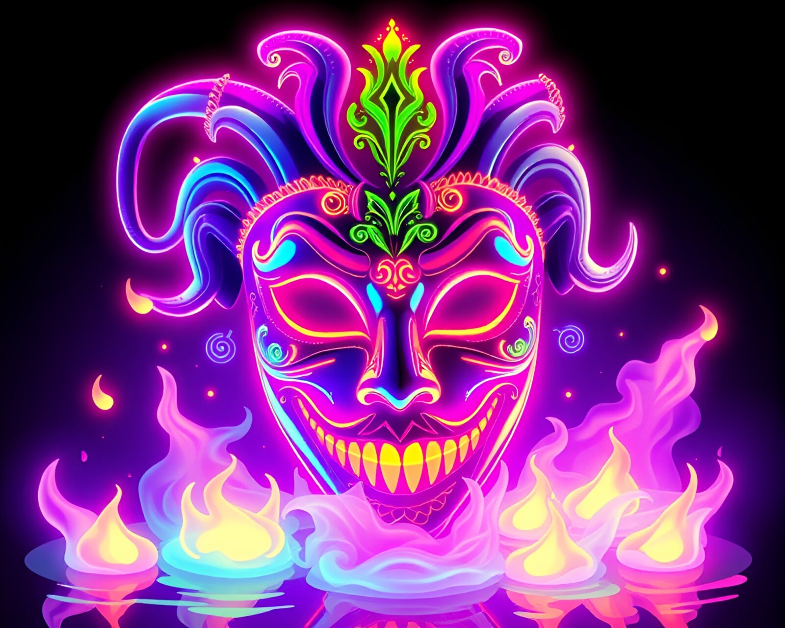 Pastel neon embers floating around an 8-bit Venetian mask