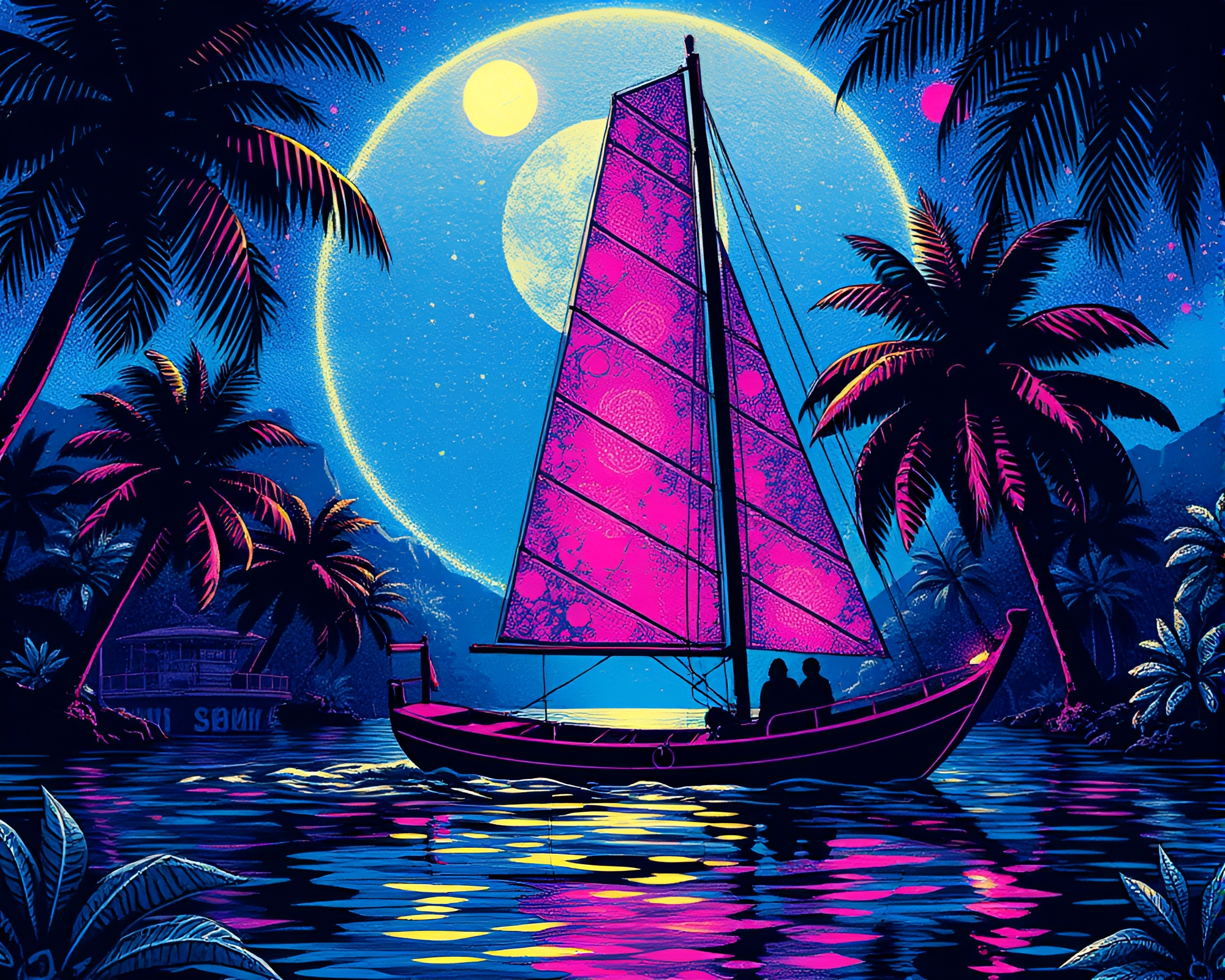Futuristic Solar Sailboat in Jungle Canopy Foil Stamping – free AI stock image