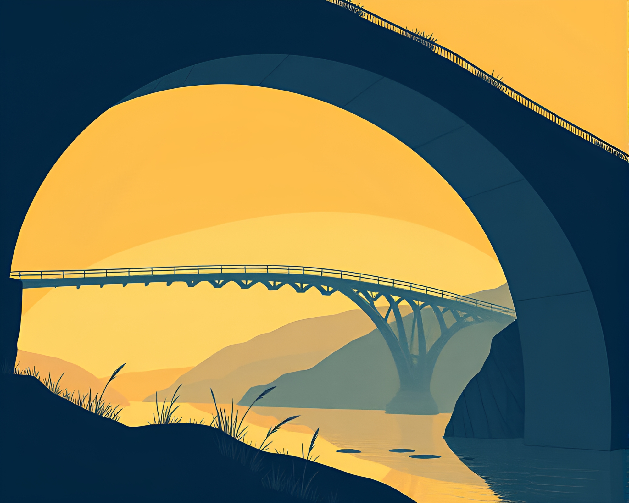 Serene Arch Bridge in Minimalist Children’s Illustration – free AI stock image