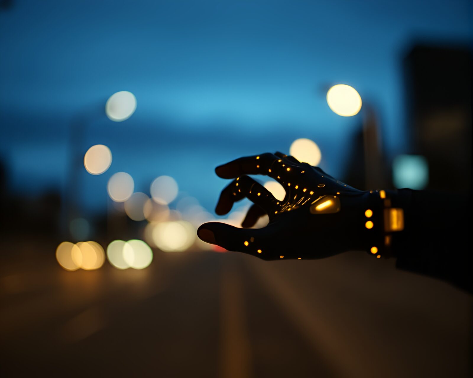 Cybernetic hand with shallow depth of field in twilight blue hour