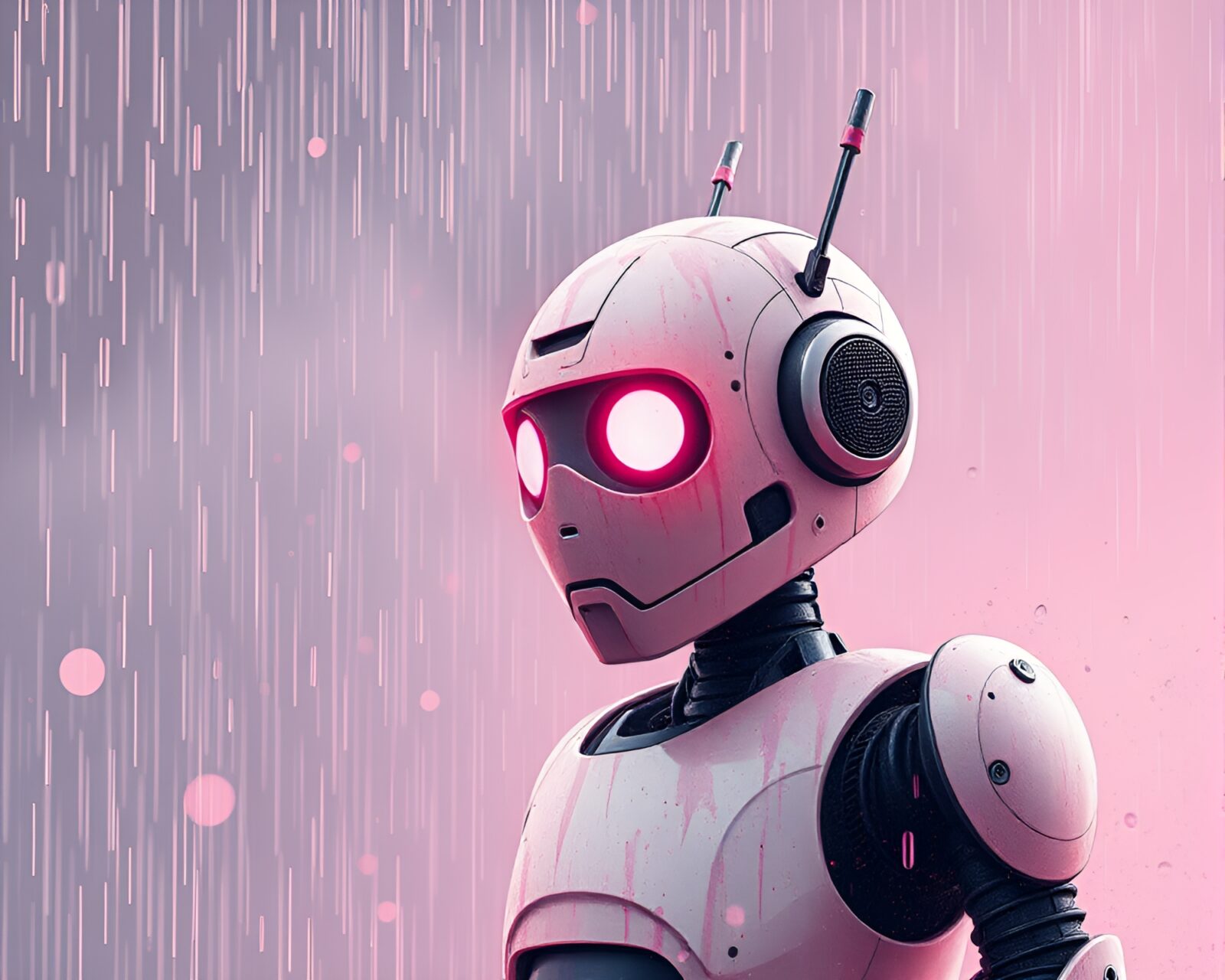 Soft pink robot surrounded by rain droplets, splatter style