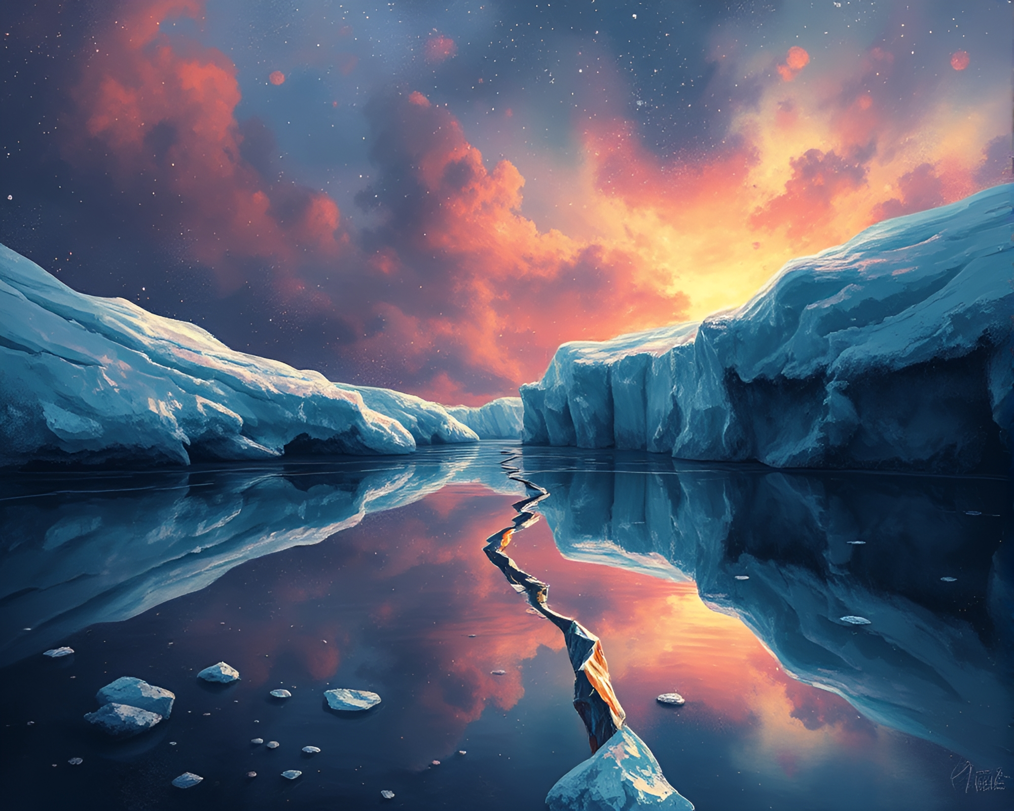 Savage River Ice Cracks in Cosmic Steampunk Illustration – free AI stock image