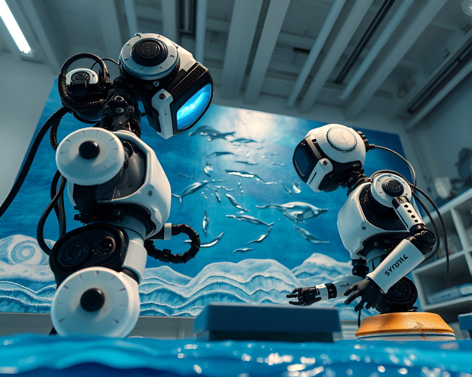 Encaustic painting of low-angle shot robot lab