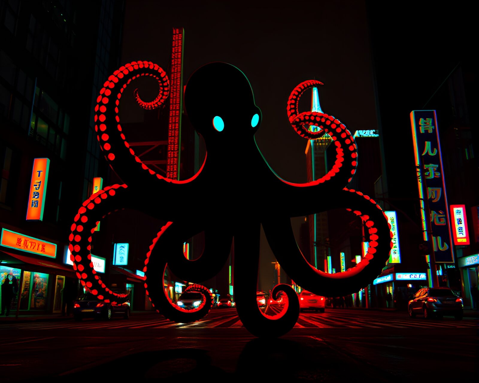Silhouette of octopus glowing in neon city with anaglyph effect