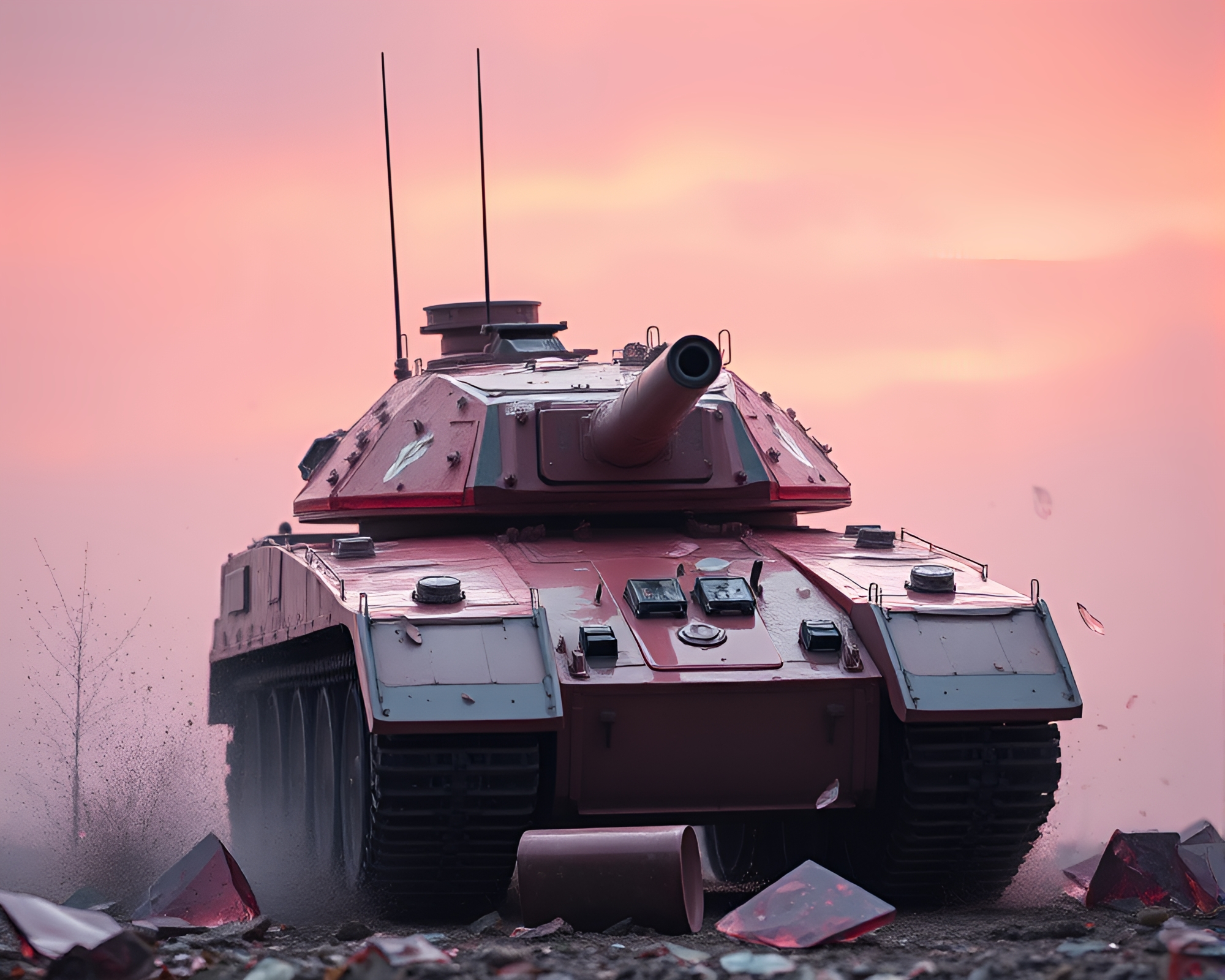 Armored tank surrounded by blush pink glass shards – free AI stock image