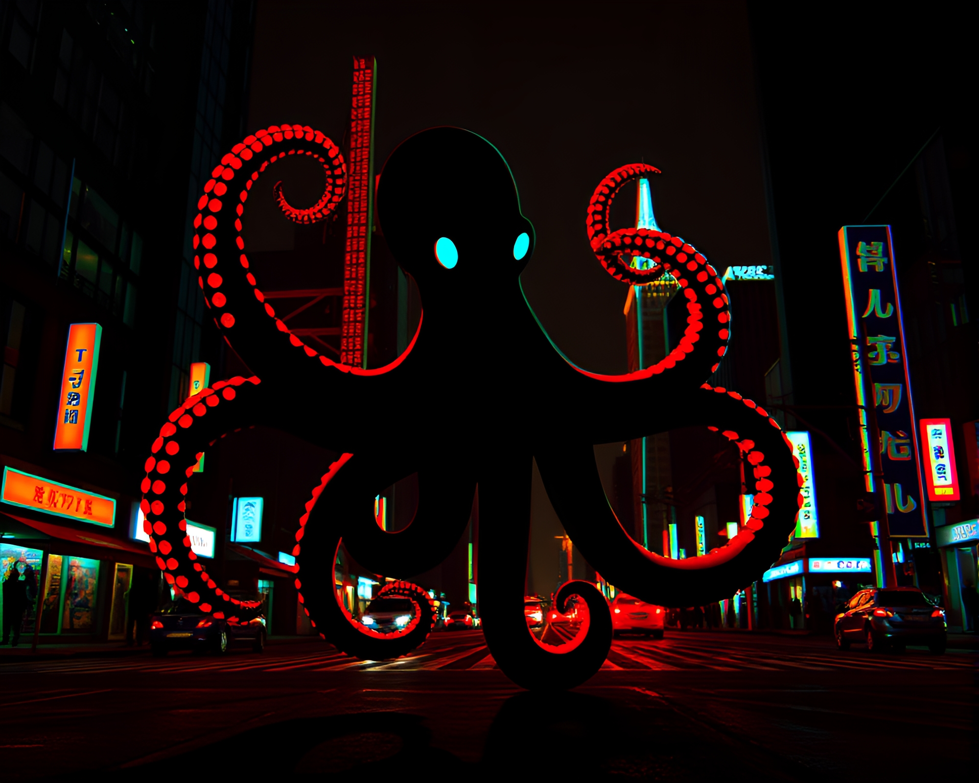 Glowing Neon Octopus Shadow in Anaglyph 3D Cityscape – free AI stock image