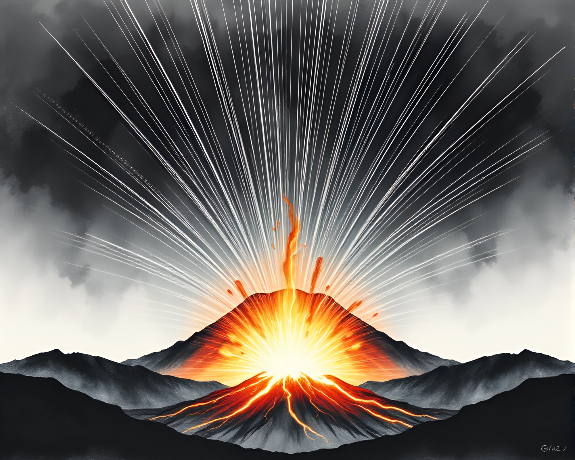 Volcanic Eruption with Pixelated Light Ink Wash – free AI stock image