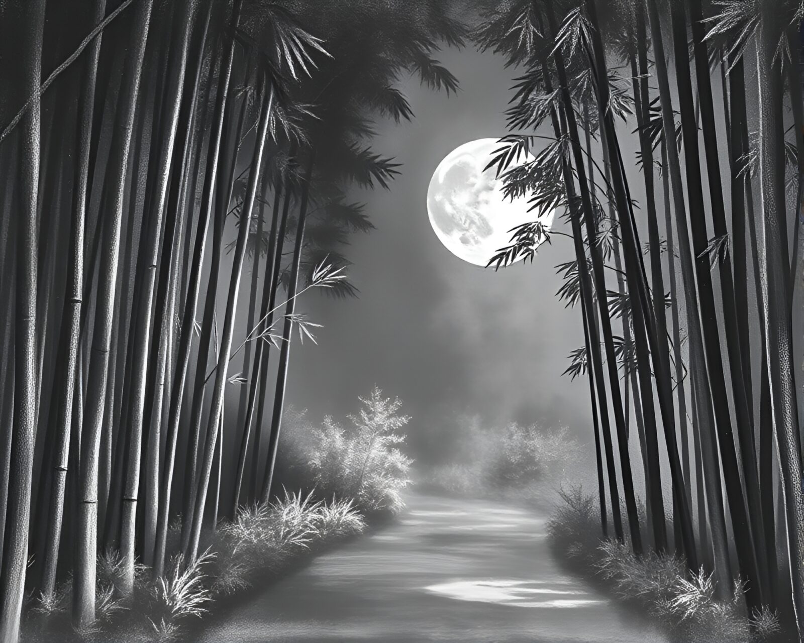 A serene lunar grayscale scene of bamboo forest with chalkboard textures