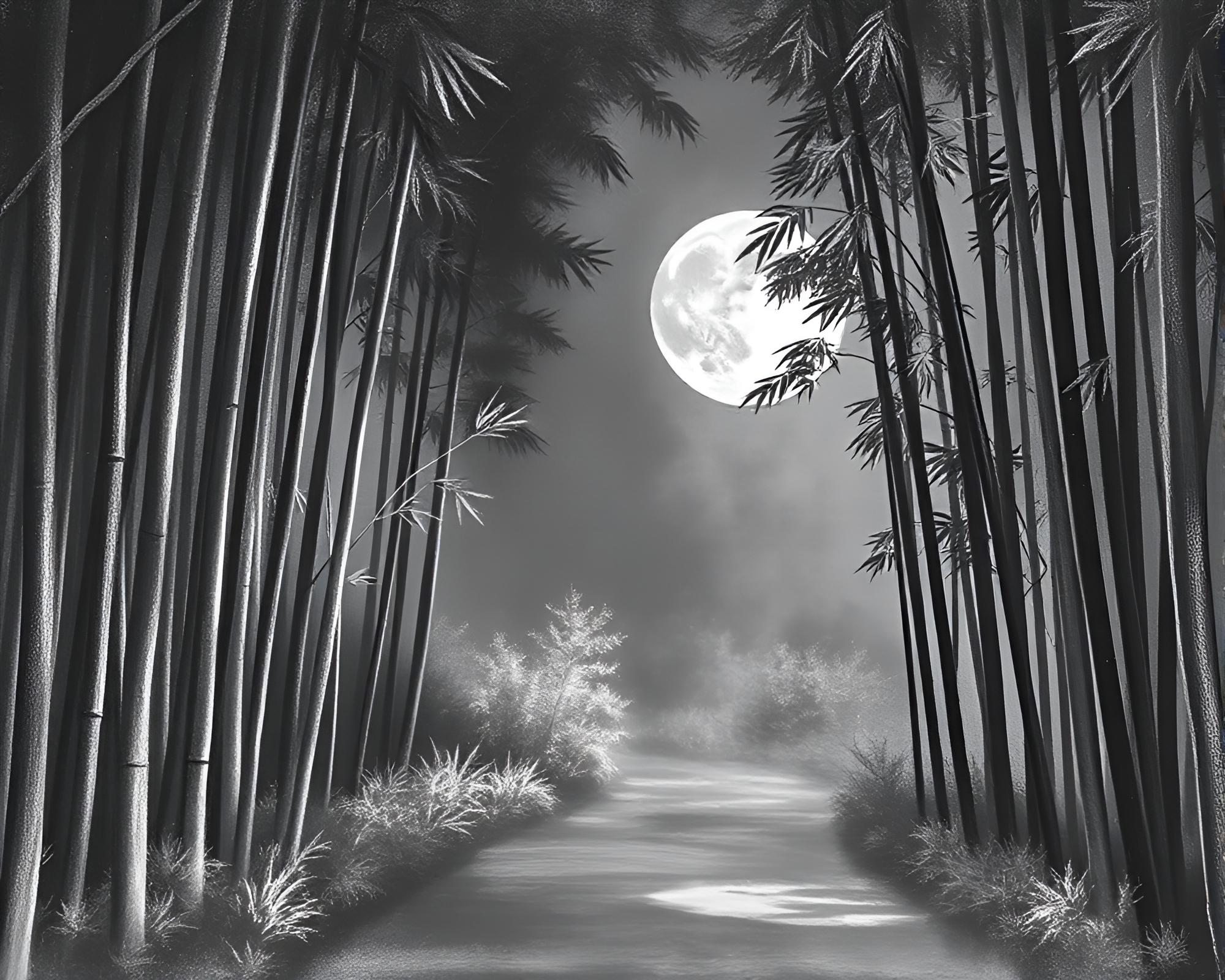 Moonlit Bamboo Forest with Chalkboard Mystique – free AI stock image
