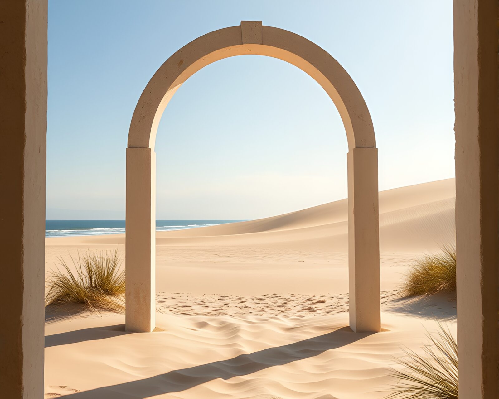 Summer beach pavilion bathed in warm desert sands