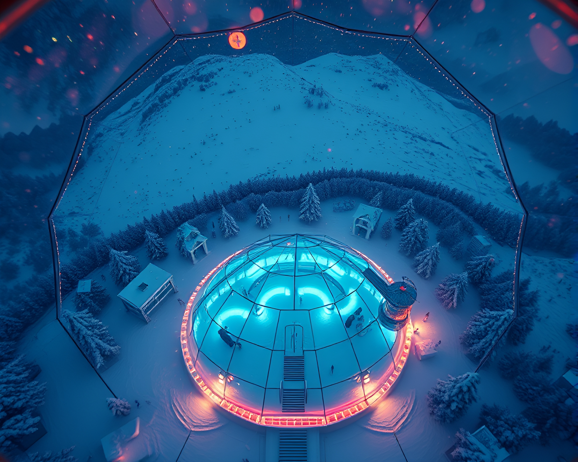 Glass igloo oasis from above in vibrant cinemagraph – free AI stock image