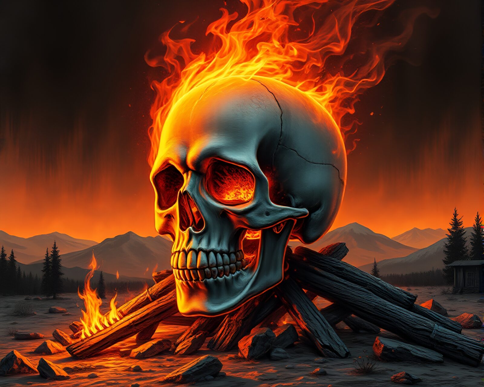 A mesmerizing crystal skull illuminated by a warm bonfire