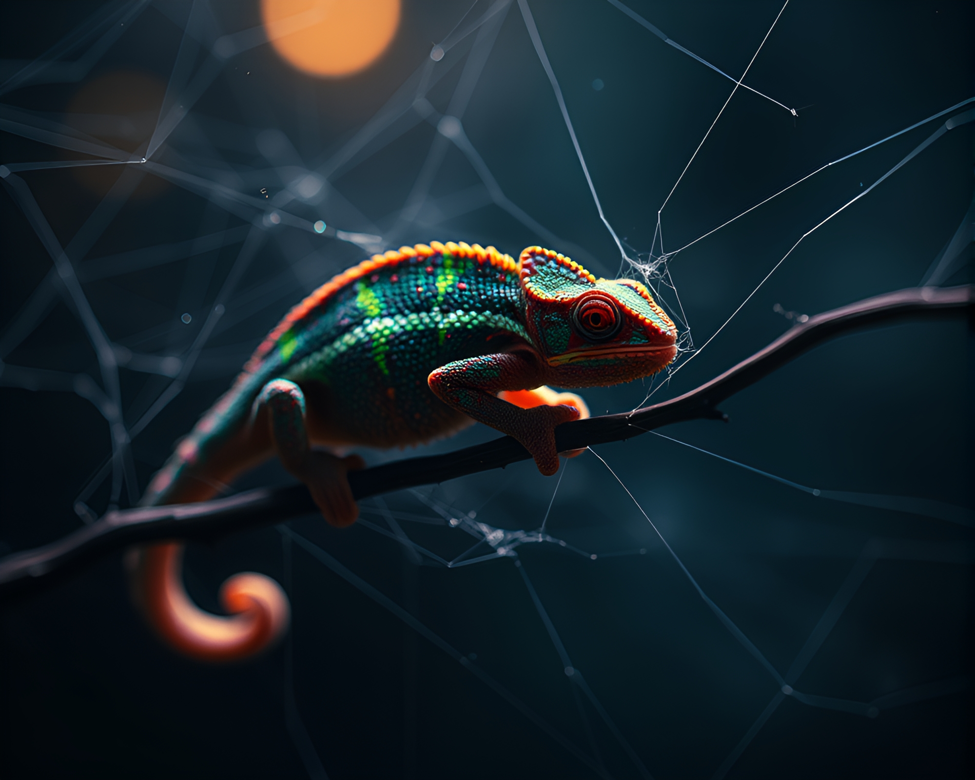 Chameleon in Glowing Cobweb Light Painting – free AI stock image
