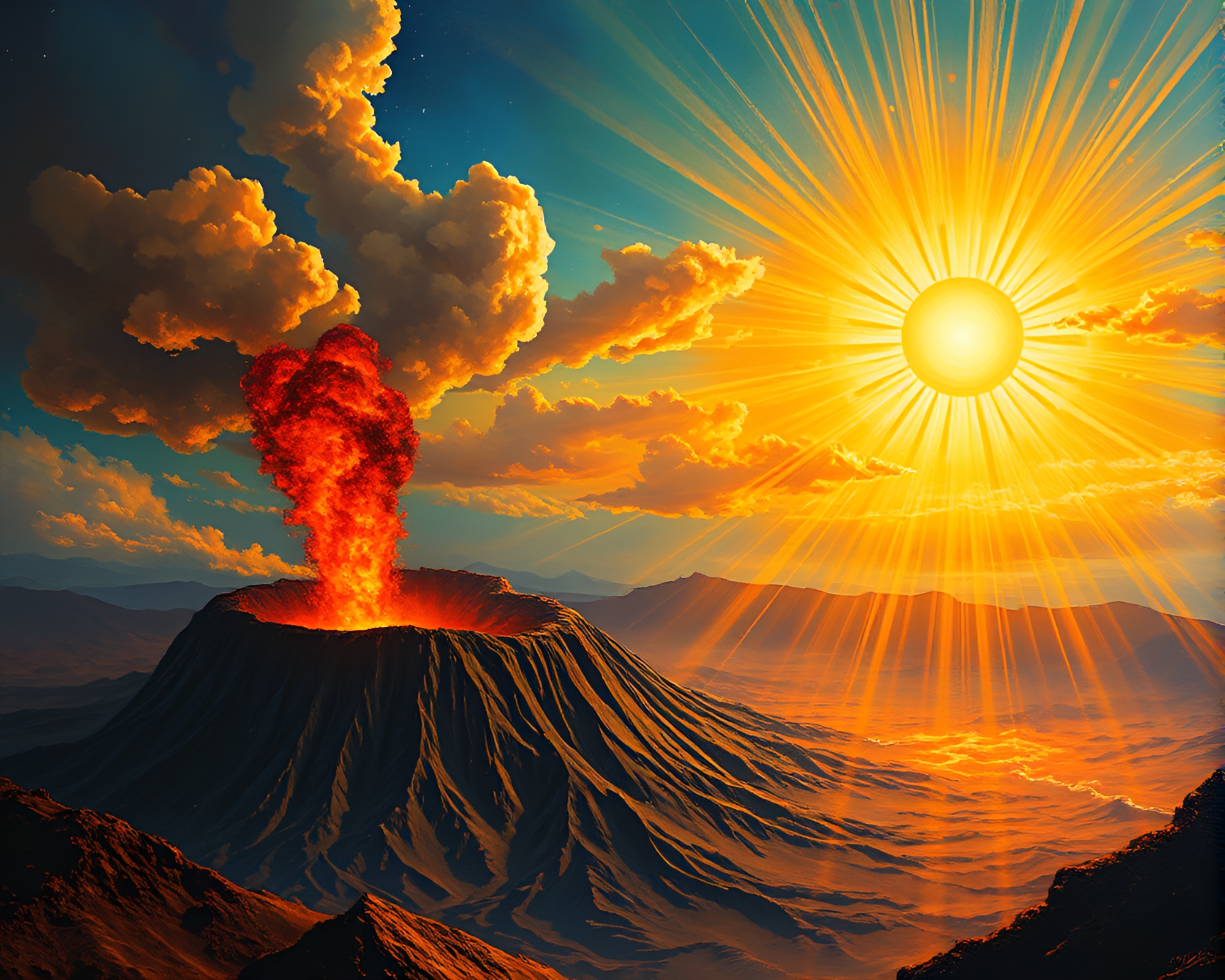 Volcanic Crater Sorcery: Lens Sunburst Fresco Painting – free AI stock image