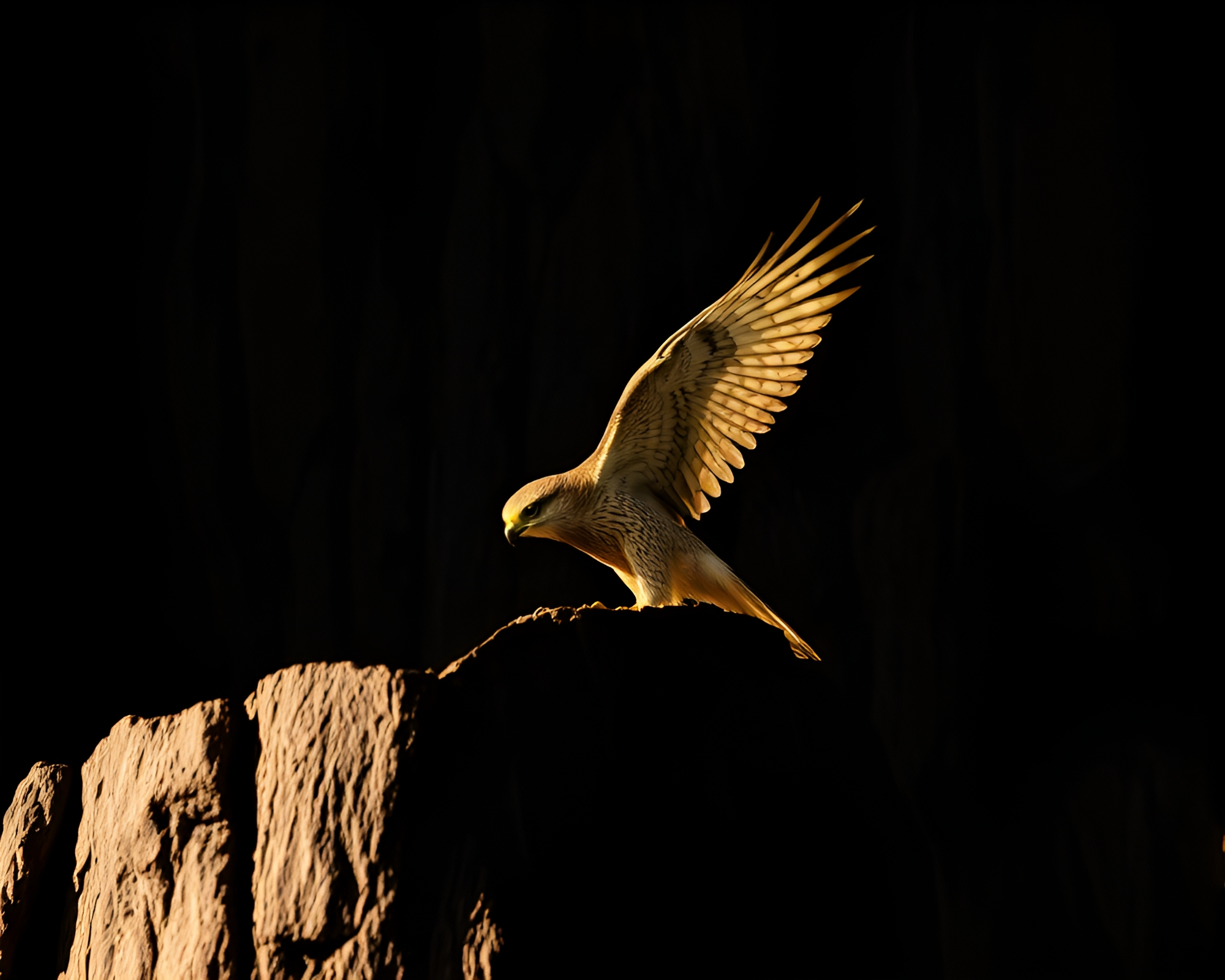 Majestic Falcon Perched on Striped Cliffside at Sunset – free AI stock image