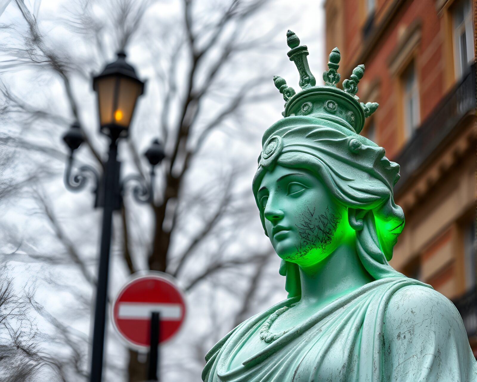 Statue covered in vibrant emerald green graffiti on city street