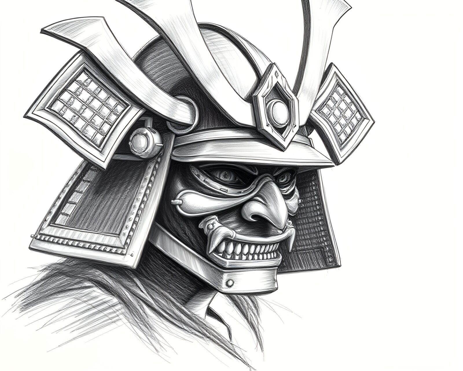 High-saturation pencil sketch of intricately shaded samurai helmet